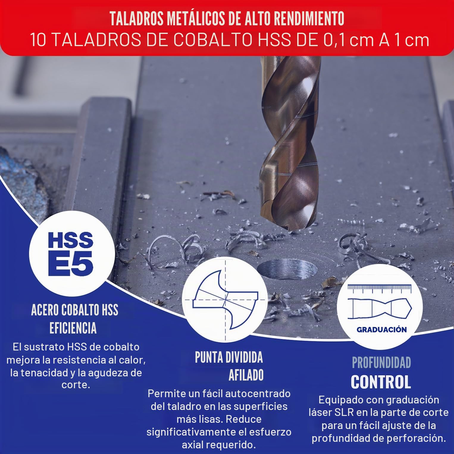 TIVOLY - Caja Brocas de Metales de Alto Rendimiento - Especial Perforación en Aceros Inoxidables y Aceros Resistentes - 10 Brocas HSS Cobalto Ø 1 a 10 mm