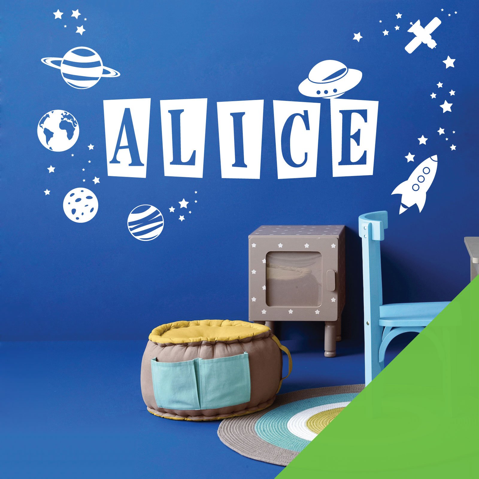 Personalised Name Children Wall Art Sticker - Space Theme, Planets, Stars, Earth, Rocket, UFO [Large] [Lime] — image 1