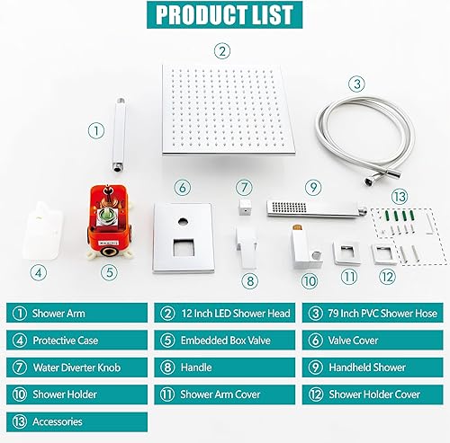 Miniatura 16 de SKOWLL Juego de grifo de ducha de baño LED de 12 pulgadas, sistema de accesorios de ducha de lluvia, juego de cabezal de ducha de montaje en pared