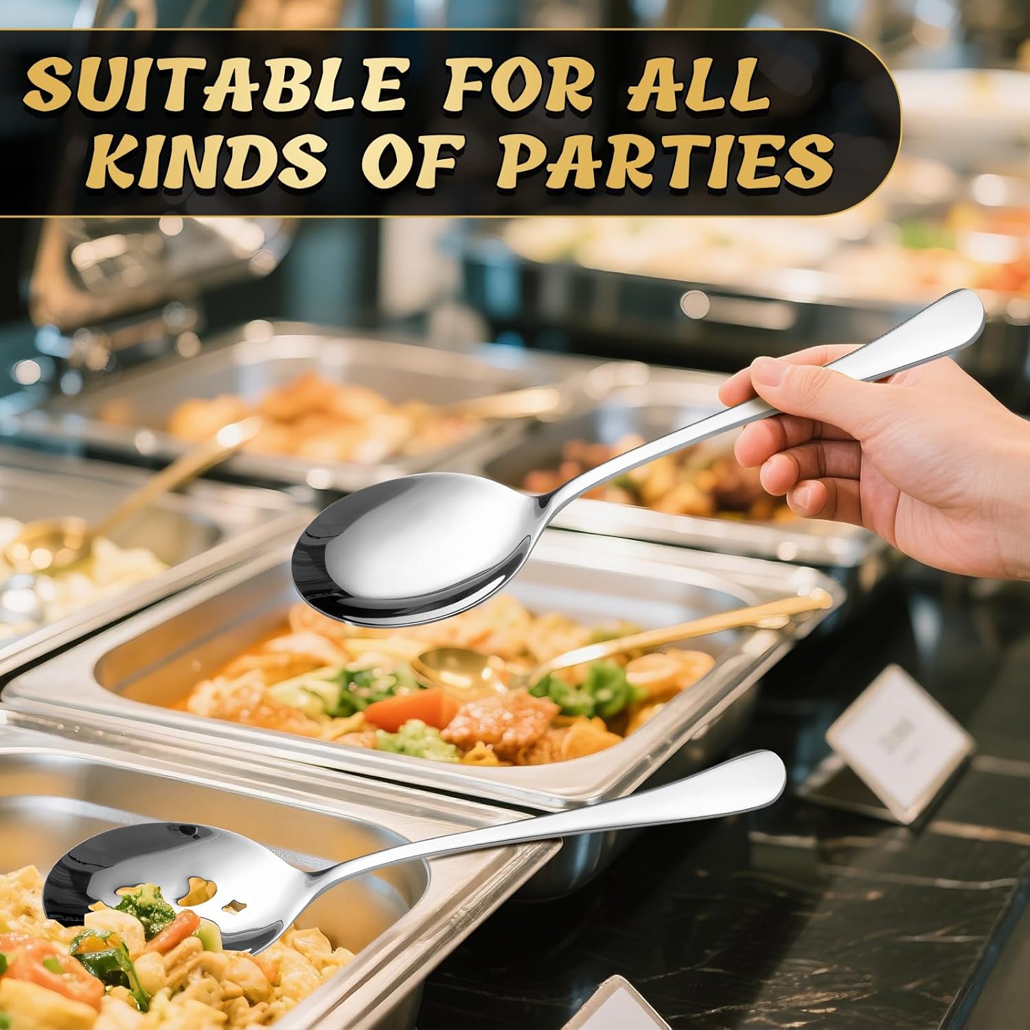 4 Piece Stainless Steel Serving Spoon Set - 2 Large, 2 Slotted,Dishwasher Safe,10-Inch, for Parties/Kitchen/Buffet/Catering