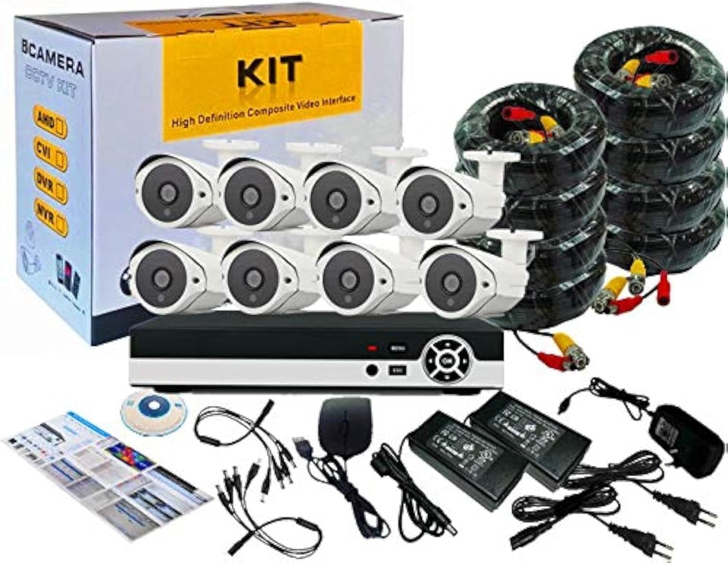 Tomvision 8Channel AHD CCTV surveillance Kit with 8CH DVR Security Recording System and 8Pcs White Case Metal Outdoor Bullet DVR KIT P2P Clouds Home Security (WhiteKit)