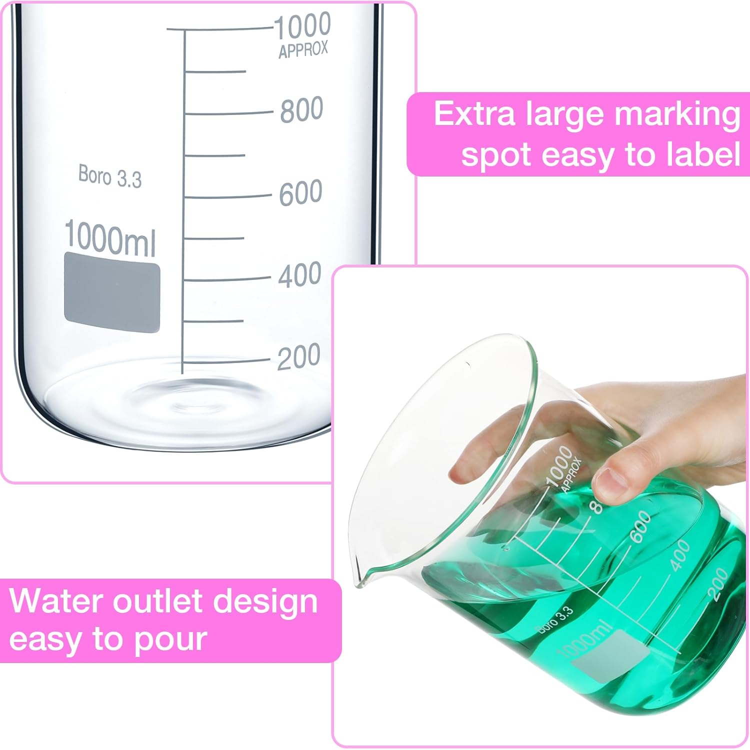 Kingdder 6 Pcs 1000 ml Beaker 3.3 Borosilicate Glass Beaker with Scale Low Form Measuring Cups Graduation Measuring for Laboratory Party Projects Use