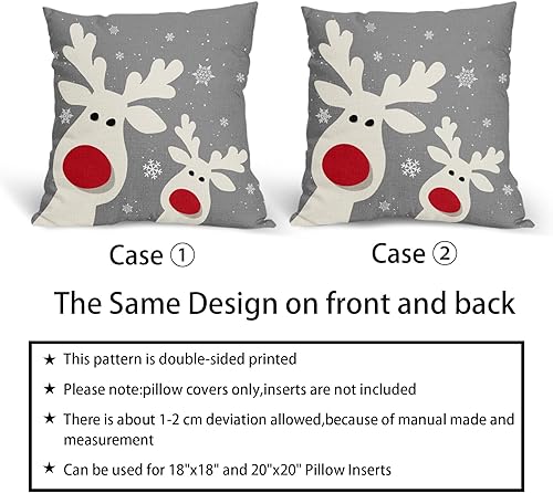 Miniatura 5 de Juego de 2 fundas de almohada de Navidad de ciervos de 18 x 18 pulgadas, diseño de reno gris con copos de nieve y renos, para decoración del hogar,