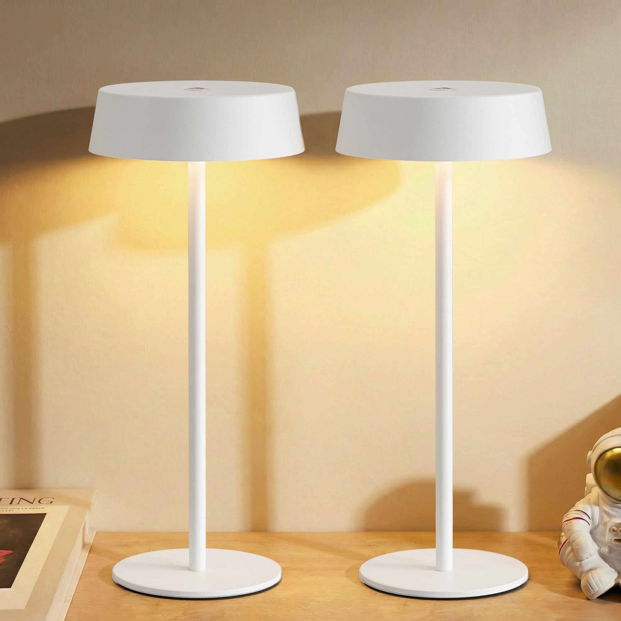 NEWSEE Contemporary Cordless Table Lamp Set of 2, Waterproof, Rechargeable 5000mAh Battery-Powered, Dimming Night Light for Bedroom, Dining Room, Bar, and Outdoor Use (White)