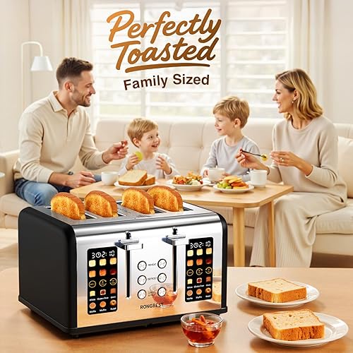 Miniatura 7 de Tostadora de pantalla táctil de 4 rebanadas, tostadora de acero inoxidable con ranuras anchas para bagels y pan, funciones de