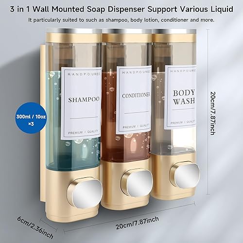 Miniatura 2 de Dispensador de champú y acondicionador, dispensador de jabón de ducha montado en la pared, 3 cámaras, 10.1 fl oz, dispensadores de jabón de manos