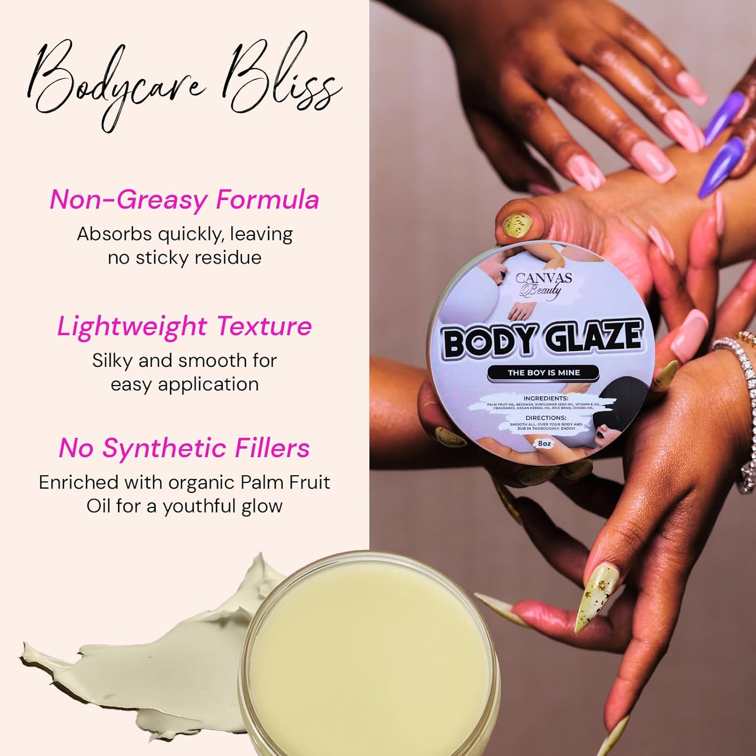 Canvas Beauty Body Glaze, The Boy Is Mine - Moisturizing Non-Greasy Body Butter for Women With Beeswax, Jojoba Oil, and Rice Bran for Soft and Glossy Skin