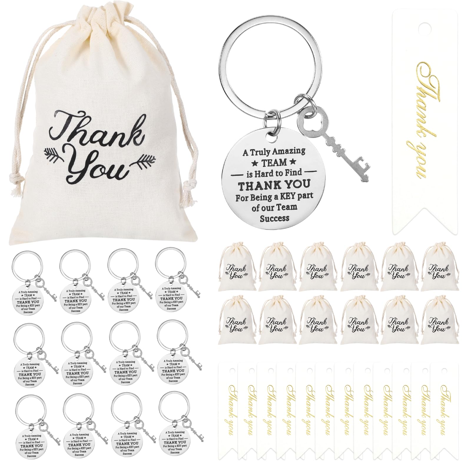 12 Sets Thank You Keychain Gifts,Inspirational Keychain,Thank You Keyring Employee Appreciation Gifts with Twill Bags & Thank You Tags for Colleagues Teacher Nurse Staff Leaving New Job (White)