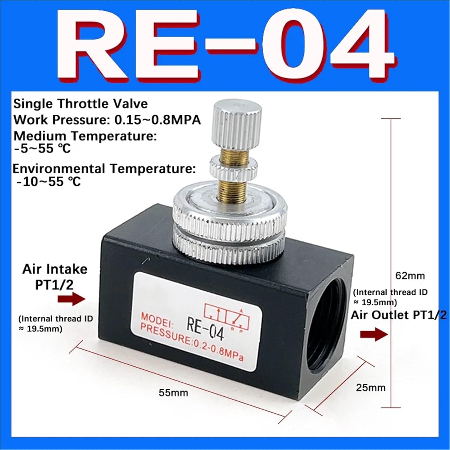 1PCS RE-01-02-03-04 Pneumatic Air Flow Adjustment Control Valve Tracheal Speed Regulating Valve One-way Throttle Valve(RE-01)