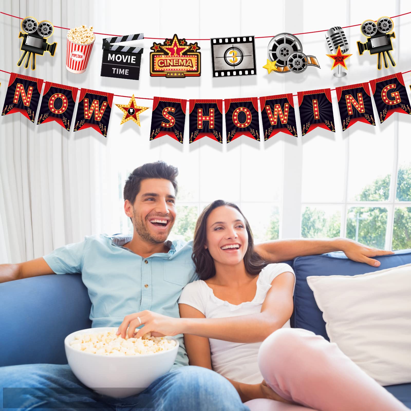 Dusenly Movie Night Bunting Now Showing Banner Garland Set for Film, Movie Night, Bachelorette, Birthday Decorations