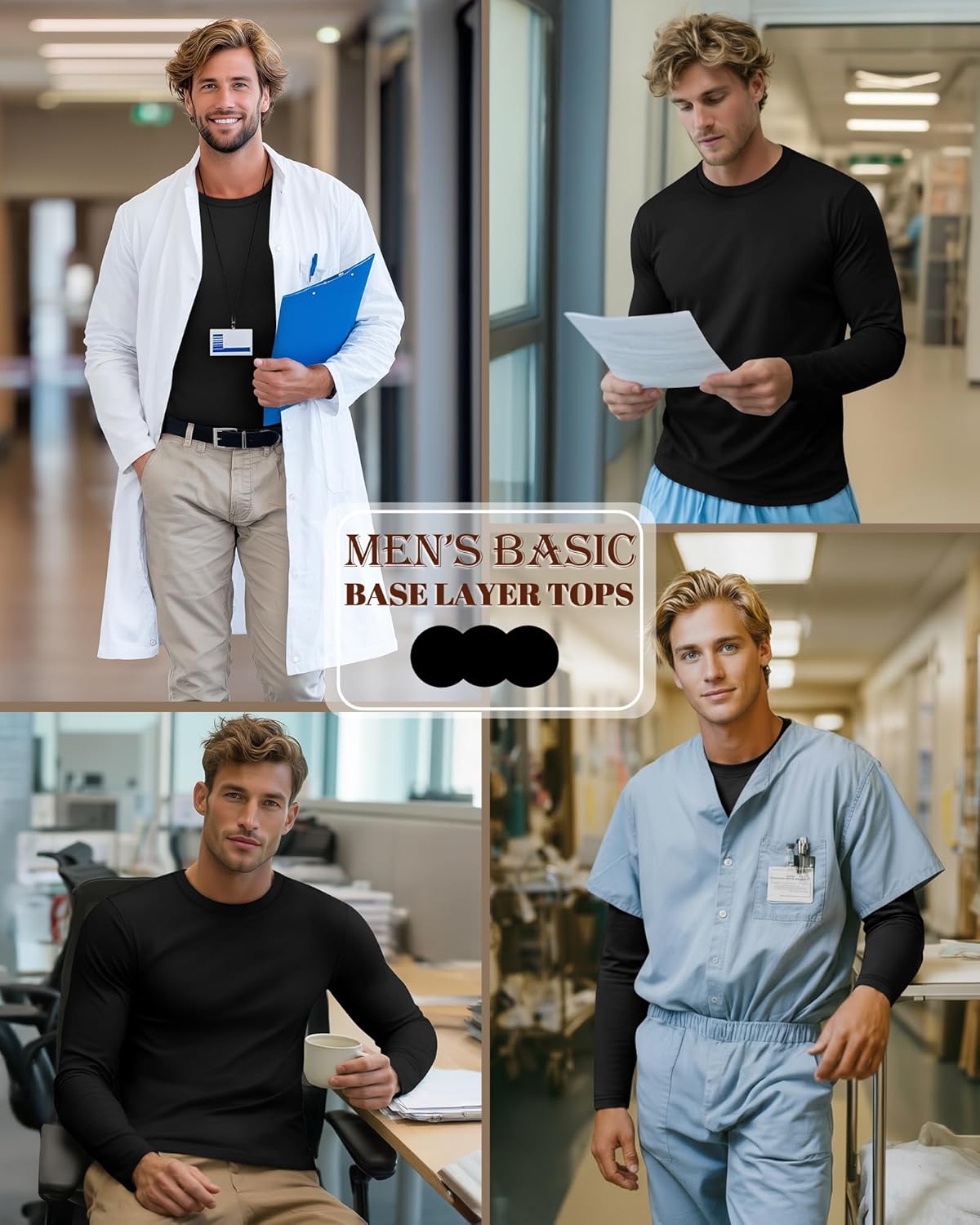 Neer 3 Pack Men's Long Sleeve Underscrub Tees Crew Neck Shirts Stretch Durable Undershirts Base Layers for Medical Uniforms - Image 2