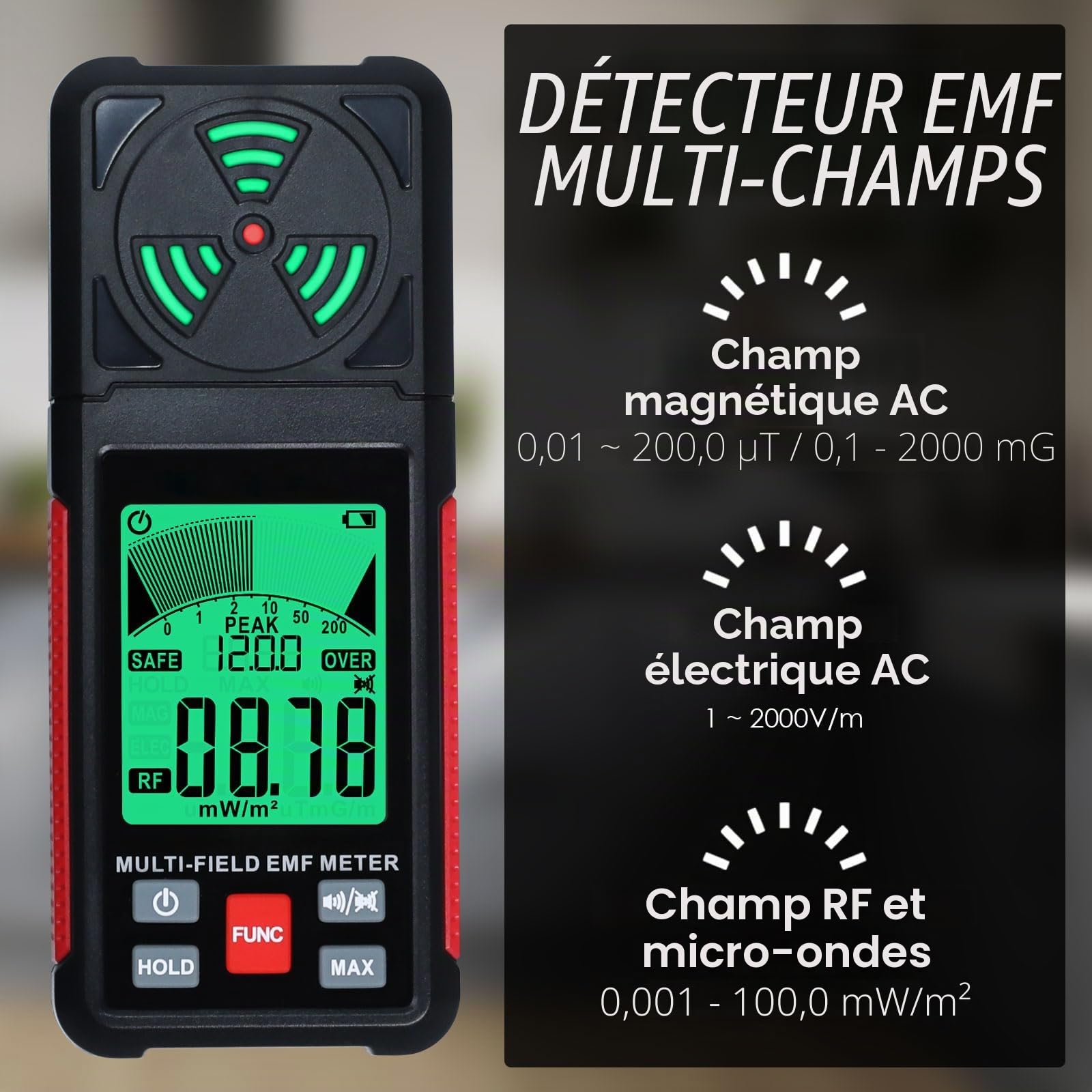 Compteur EMF ELF RF 3 en 1, détecteur de champ de rayonnement magnétique électrique AC, détecteur RF portable pour signal EF/RF/MF/WiFi/micro-ondes, compteur de rayonnement Emf adapté pour la maison