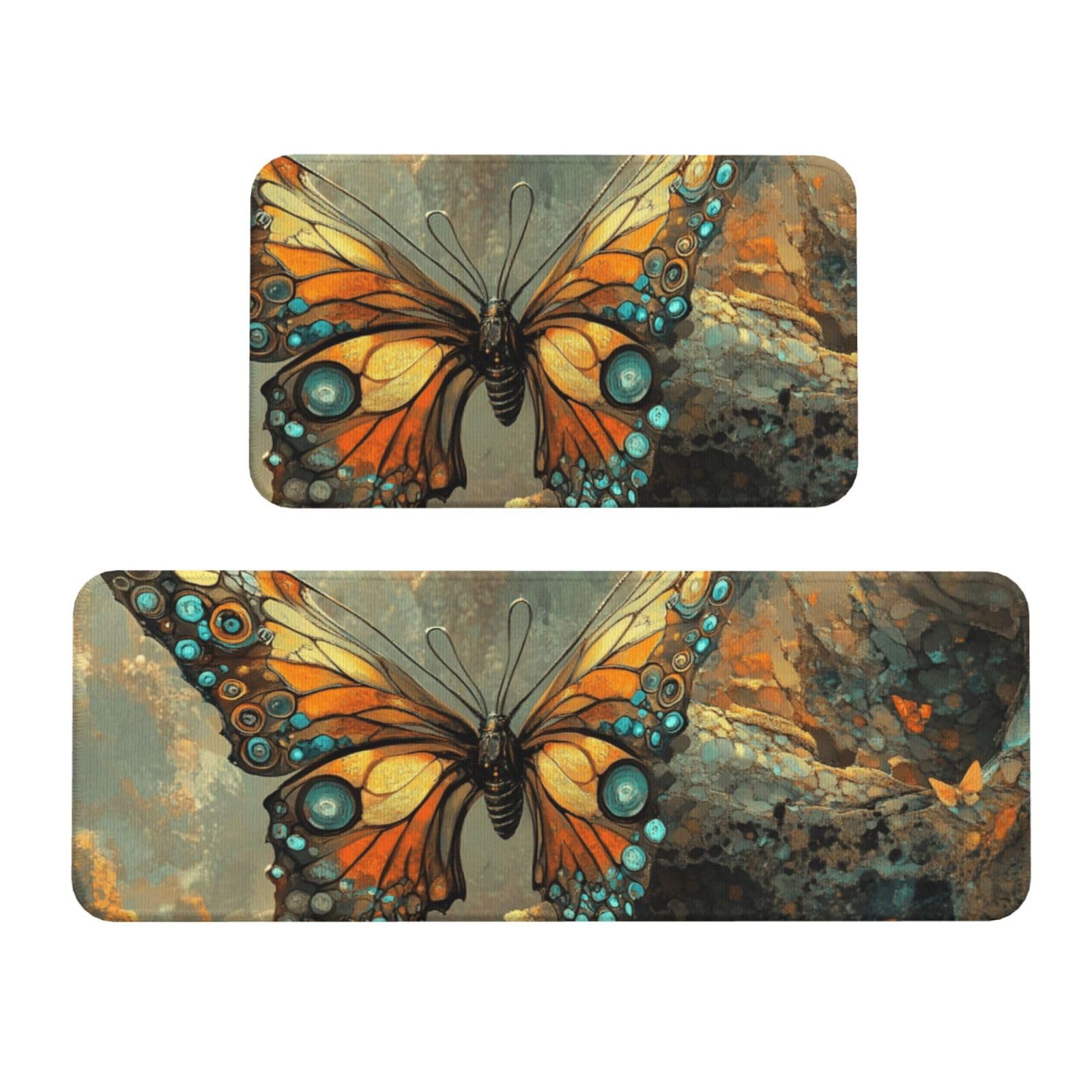 Tapetes de cocina para suelo lavables, juego de 2 alfombras cómodas con mariposas de diamante