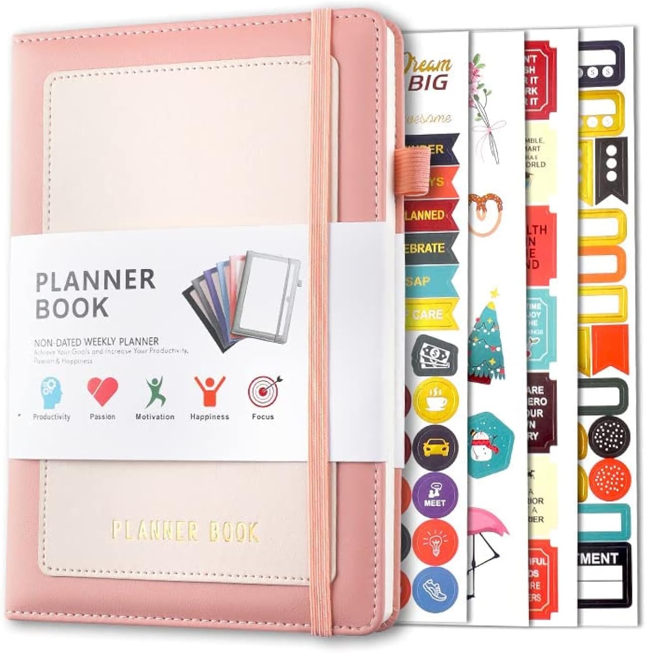 A5 Daily Planner Notebook, Large Tabbed Weekly Monthly Planner, Time Management Appointment Book Journal for Work & Personal Life, Undated – Start Any Time + Stickers (Pink)