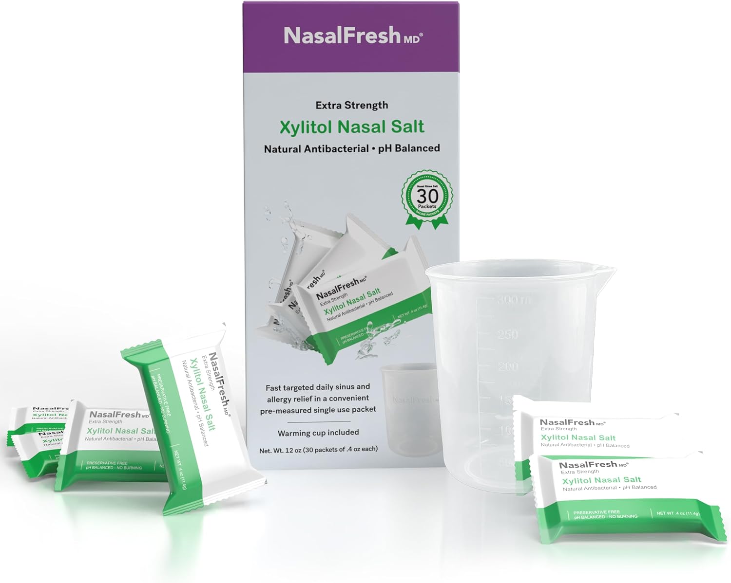 NasalFresh MD - Saline Packets - Quick Dissolving - Single Use - Pre-Measured - Nasal Irrigation - Individually Wrapped (3.75g/1.3oz) - 90 Count Refill Packets - 300mL Cup