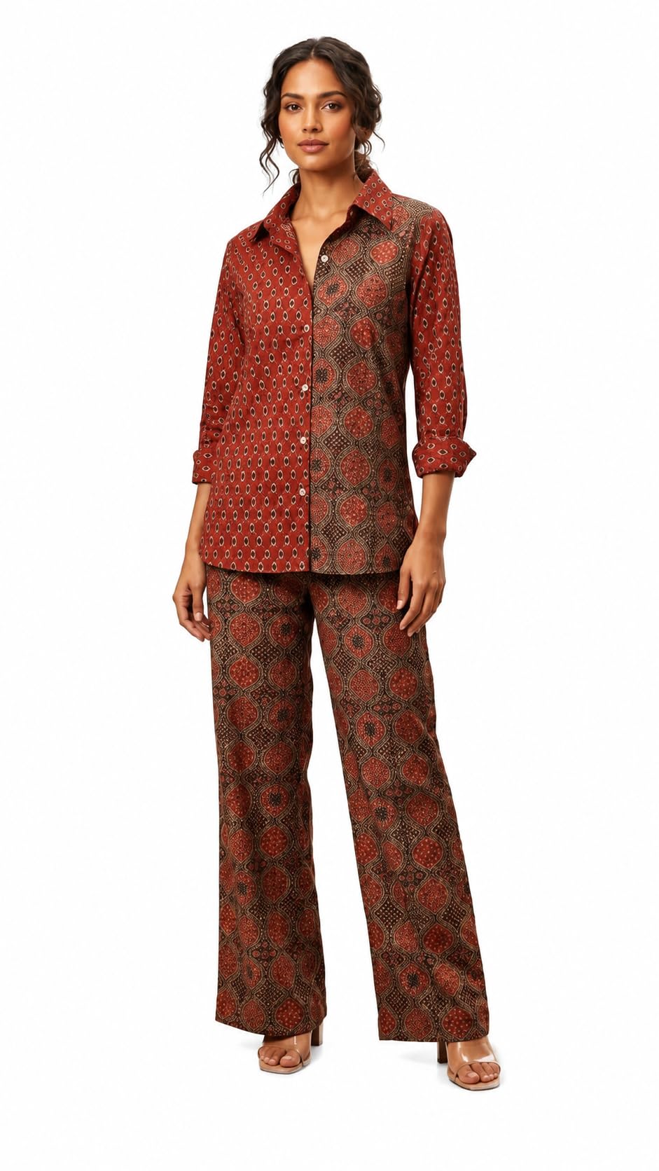 VEENORA LOOMS Women's Printed Co-Ord Set for Women | Cotton Blend Shirt & Palazzo Pants Set | Full Sleeve Collared Button-Down Top with Wide Leg Trousers | Ethnic Casual Co Ord Outfit, Rust Brown - M-picture-48