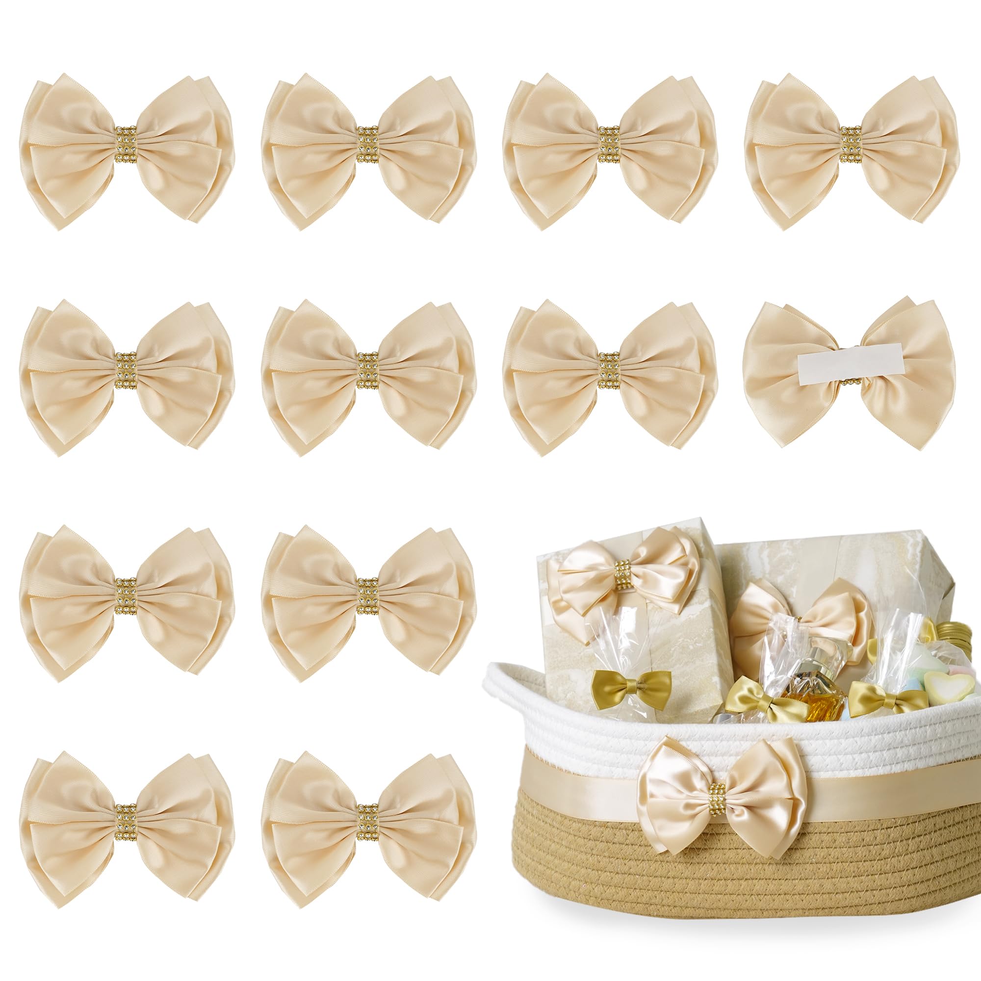 LiBongTa Champagne Satin Bows 12 PCS Pre-Made Peel and Stick 4'' Gift Bows with Rhinestone for Wedding Party Event Decor Gift Wrapping Craft Birthday