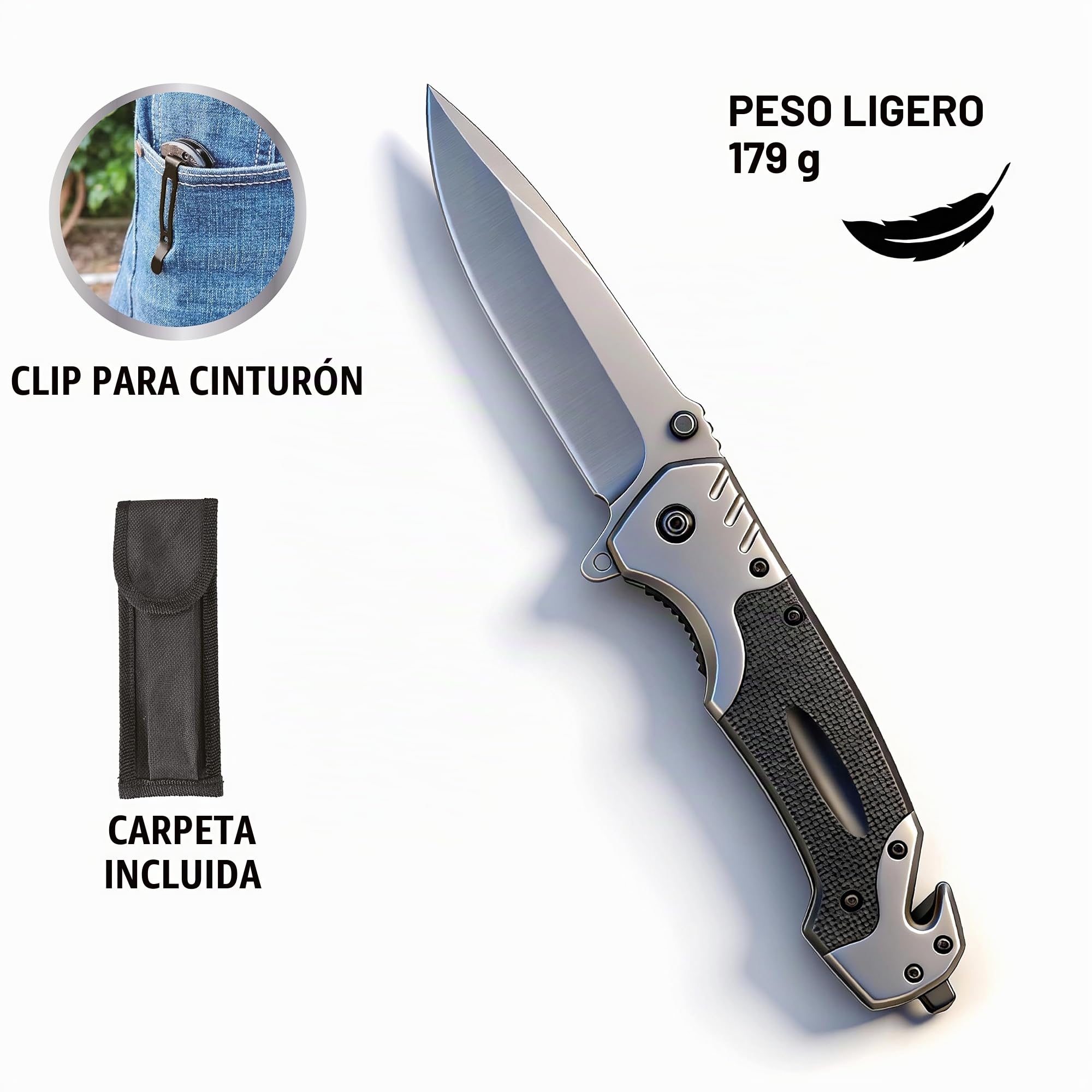 Navaja plegable, longitud total 22,5 cm - Navaja afilada para actividades al aire libre y supervivencia con hoja de acero inoxidable de 10 cm. Incluye clip para cinturón y funda.