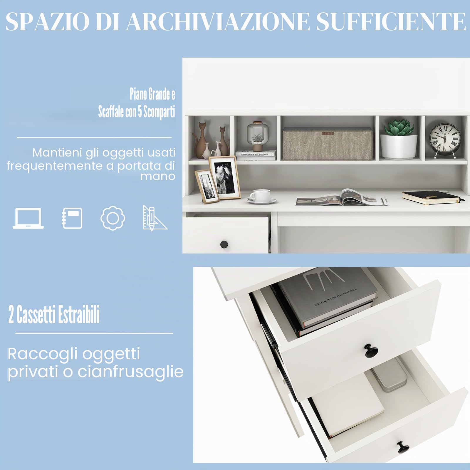 LIFEZEAL Scrivania per computer con deposito, tavolo da studio con cassetti e 5 scomparti, postazione di lavoro per ufficio, casa, 120 x 60 x 110 cm, bianco