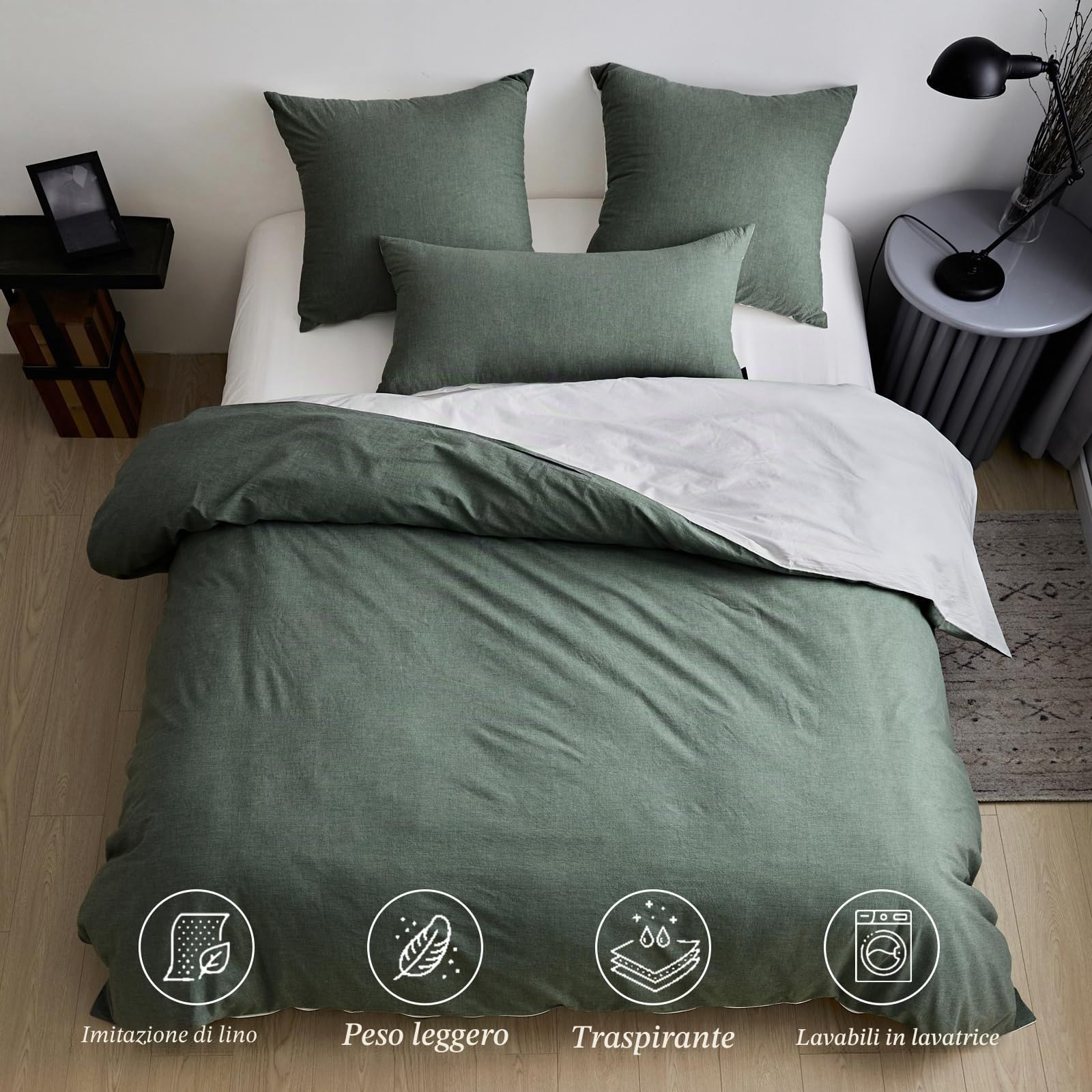 MILDLY Copripiumino, 240 x 260 cm, cotone, lavato, biancheria da letto, Öko-TEX, verde salvia, biancheria da letto 240 x 260 cm, cotone con cerniera con 2 federe, 65 x 65 cm
