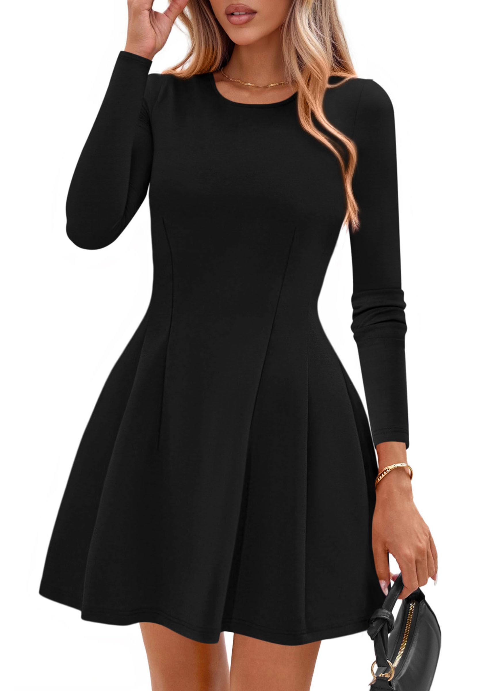 PRETTYGARDEN Long Sleeve Mini Dress for Women 2025 Fall Crewneck Knit Pleated Babydoll A Line Soft Casual Short