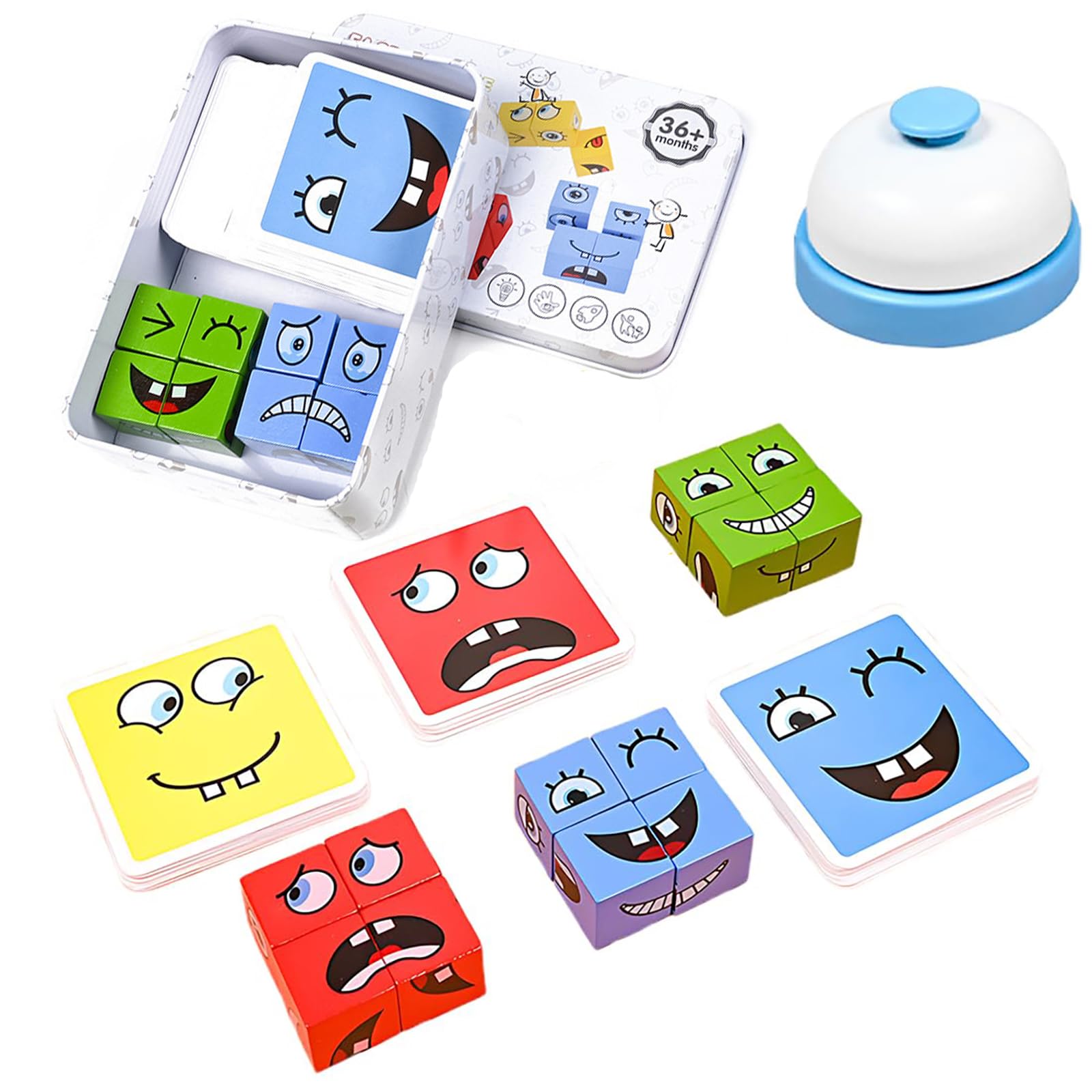 Yuannee Face Changing Cube Game,Face Changing Thinking Training Wooden Building Cube with Bell Expression Puzzle Building Blocks Montessori Educational Toys for Great Party Game