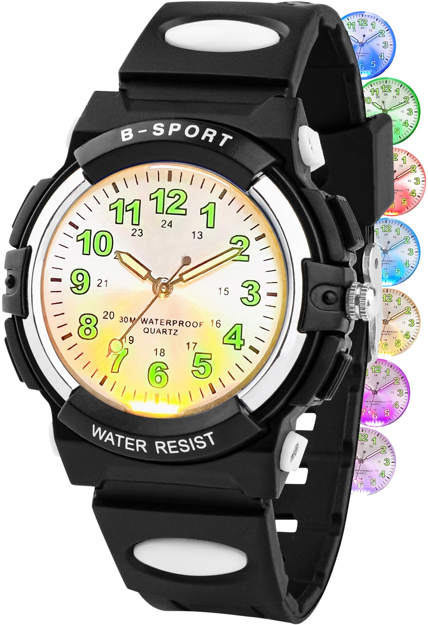 GUUMUXIN Analoge Kinderuhr mit Bunten Lichtern für Jungen und Mädchen, 30M wasserdichte Lernuhr TPU Armband Outdoor Sportuhr für 5-16 Jahre