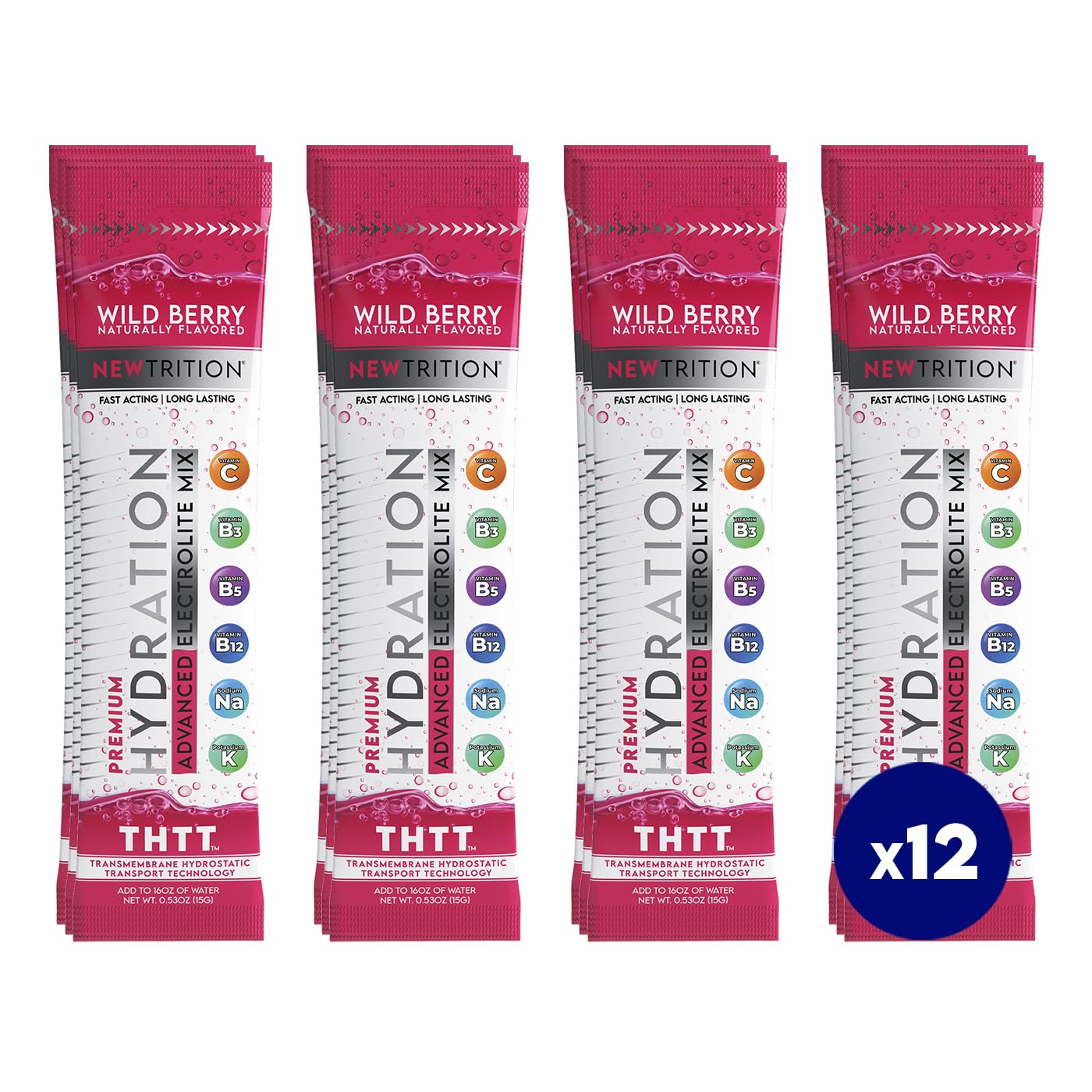 Hydration Powder, Wild Berry Pack of 12 Electrolyte Powder Packets, Naturally Flavored Hydrating Packets for Water, Fast Acting Hydrate Electrolytes with Vitamins B & C, Energy & Recovery