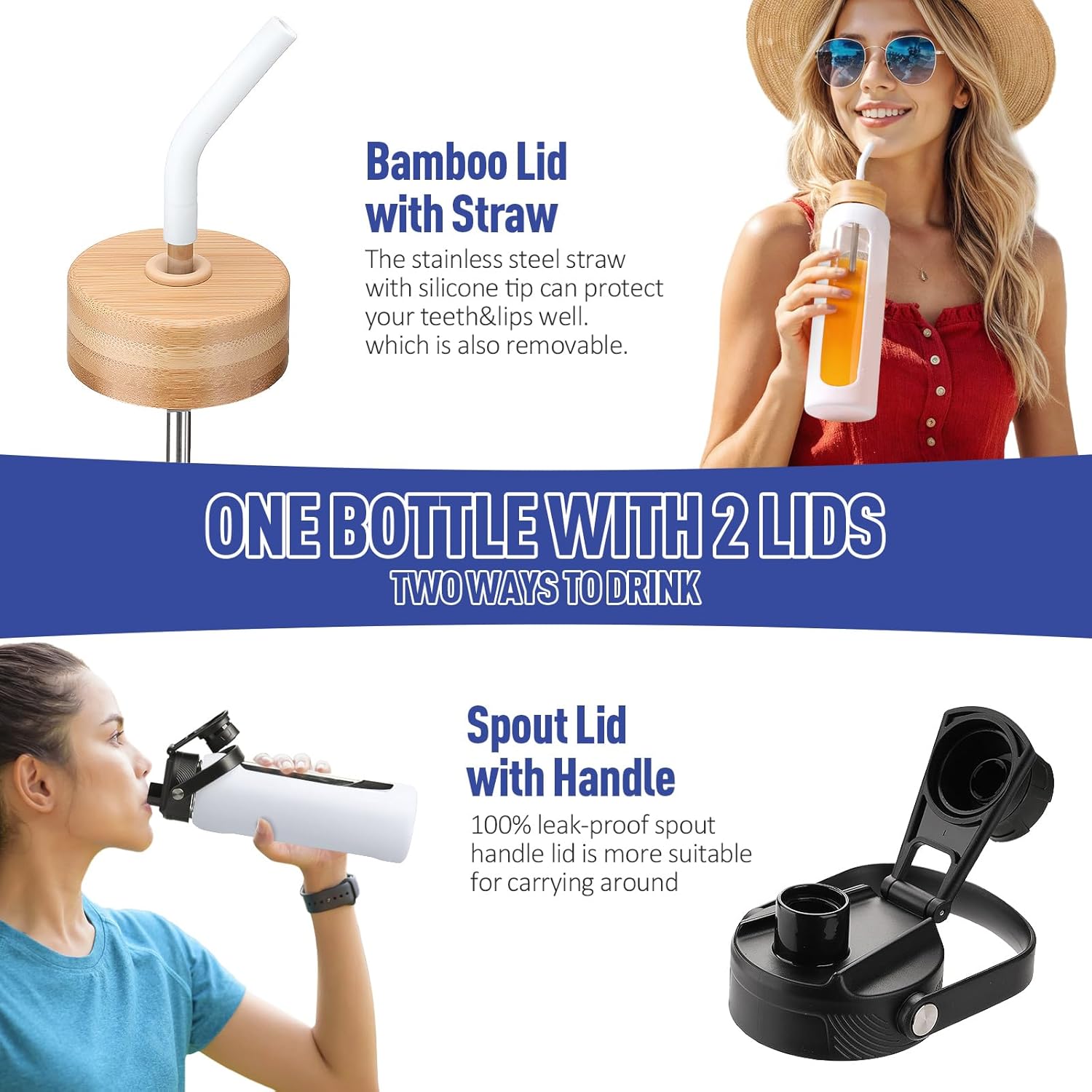 Kodrine Water Bottle with Straw, 24 oz Glass water Bottle with 2 Lids Bamboo Straw Lid and Spout Lid with Handle, 32 oz Clear Water Bottle Glass for Sports Travel, Waterbottle with Time Marker White 32 Ounces