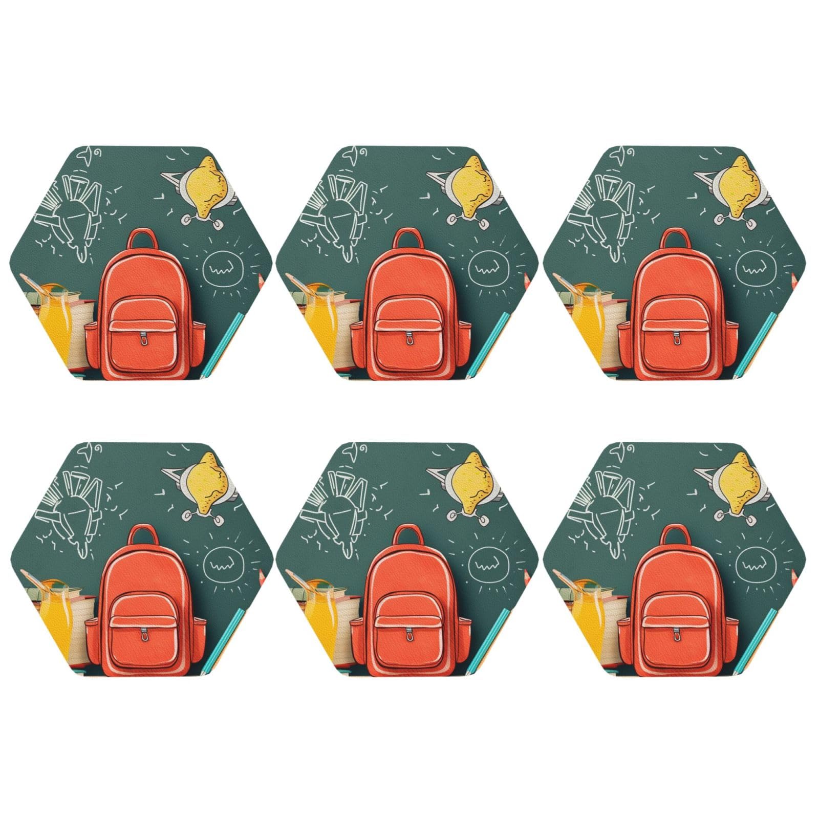 6Pcs PU Leather Coaster for Drinks, Back to School Theme Cup Coastersr 4" Cup Mat Pad, Aesthetic Drink Coasters for Coffee Table, Hexagon Coaster for Tabletop Protection