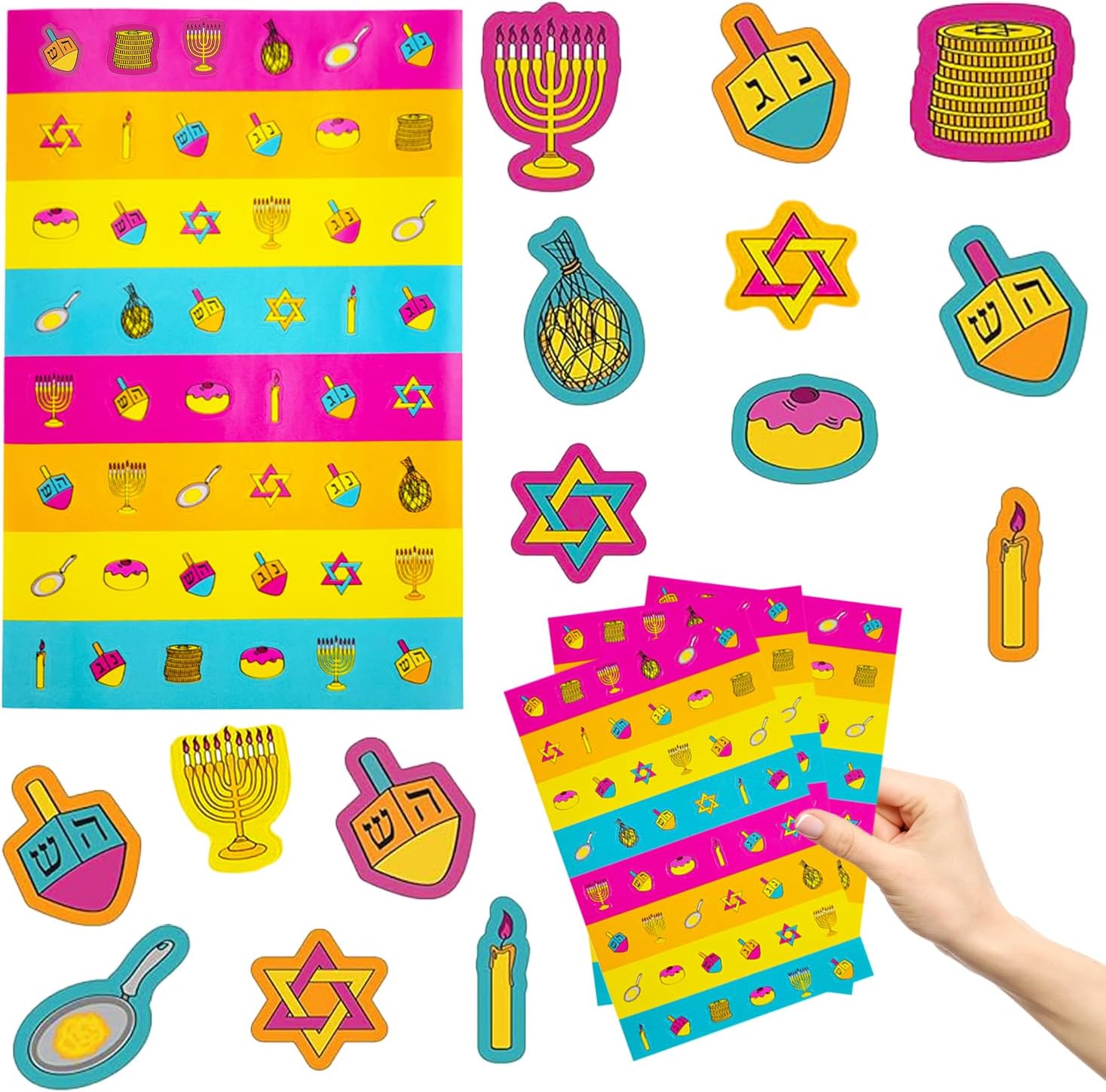 Hanukkah Stickers 1000-Pack, Decorating Chanukah Sticker, Great for Arts and Crafts, Party Favors, Variety of Shapes and Colors, 1000 Sticker Pieces (Style 1 (21 Sheets))