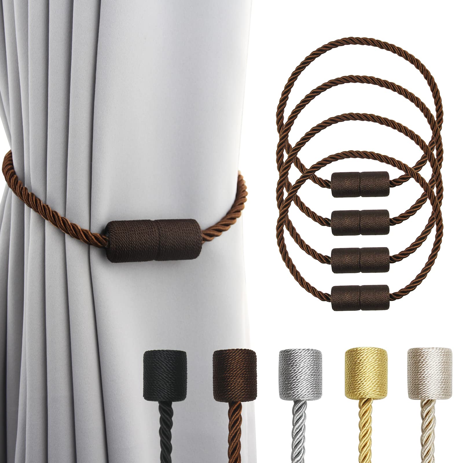 Porlau 4Pack Coffee Strong Magnetic Curtain Tiebacks Outdoor Elegant Decorative Tie Backs Modern Rope Tiebacks for Drapes Window Curtain Holdbacks for Draperies