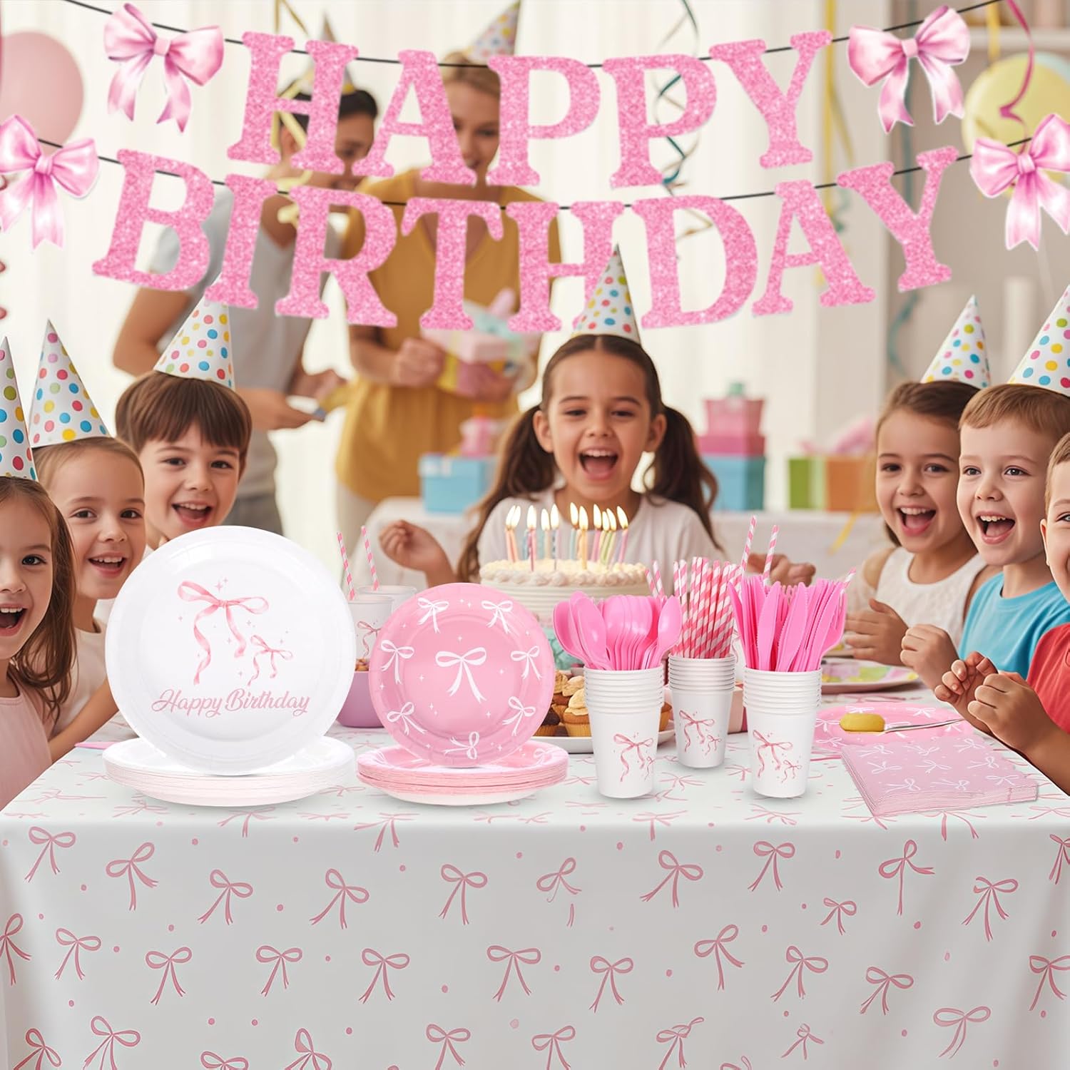 194 Pcs Pink Bow Party Decorations Coquette Birthday Decorations Bow Paper Plates Napkins Cups Forks Tablecloth Banner Bow Theme Tableware Serve 24