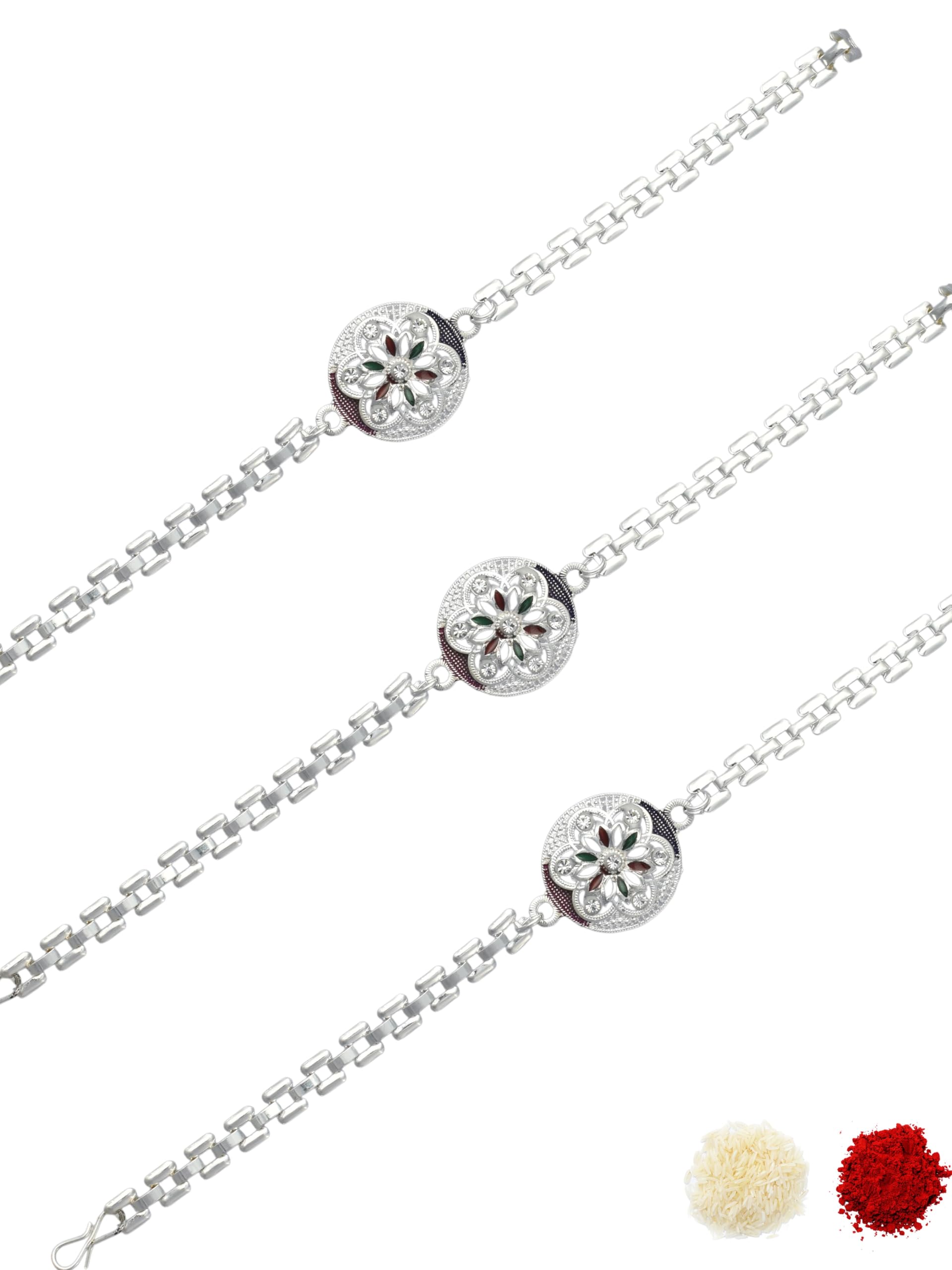 Premium Multi-coloured Minakari Finish Silver-Plated Pack of 3 Bracelet Type Chain Stylish Rakhi for Raksha Bandhan for Brother, Bhai, Bhaiya, with Roli Chawal and Greeting Card-101-image-35