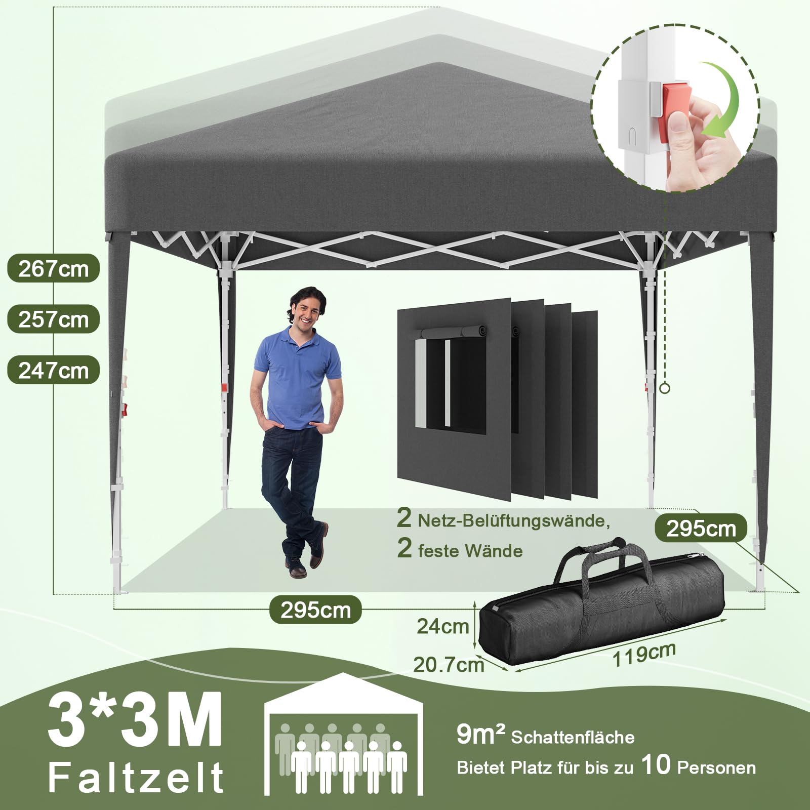 JUMMICO Pop Up Faltpavillon, 3 x 3 m Pavillon mit Netzfenstern zur Belüftung, UV-Schutz 50+, mit 4 Seitenwänden, wasserdicht stabil Winterfest，Faltbar Partyzelt Gartenzelt Gartenpavillon, Grau