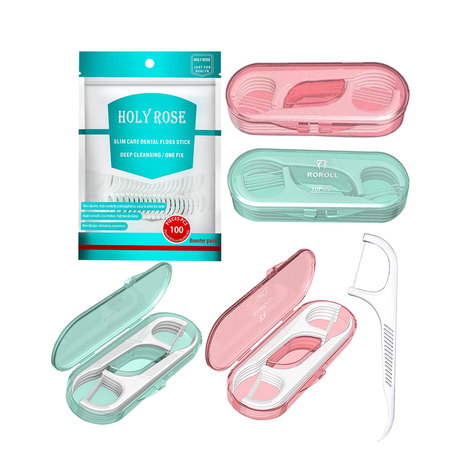 Holy Rose Dental Floss Picks with Portable Case 4 Box,Bagged Flosser Toothpick with Adult Floss Sticks 140 Count,Best Tool for Cleaning Teeth and Oral Care, Home or Travel (Green Pink)