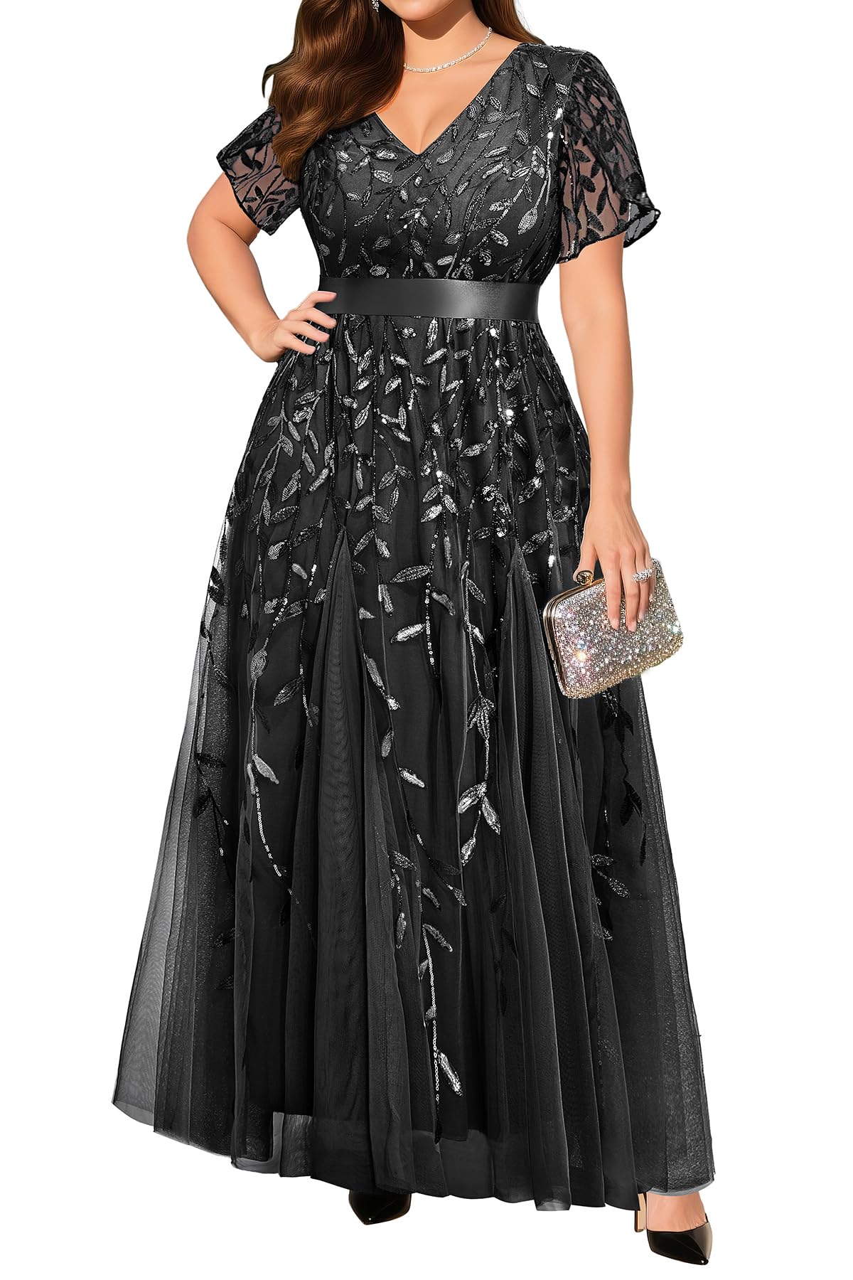 Pinup Fashion Plus Size Formal Dresses - Evening Gowns Wedding Sequin Embroidery V-Neck Prom Long Dress