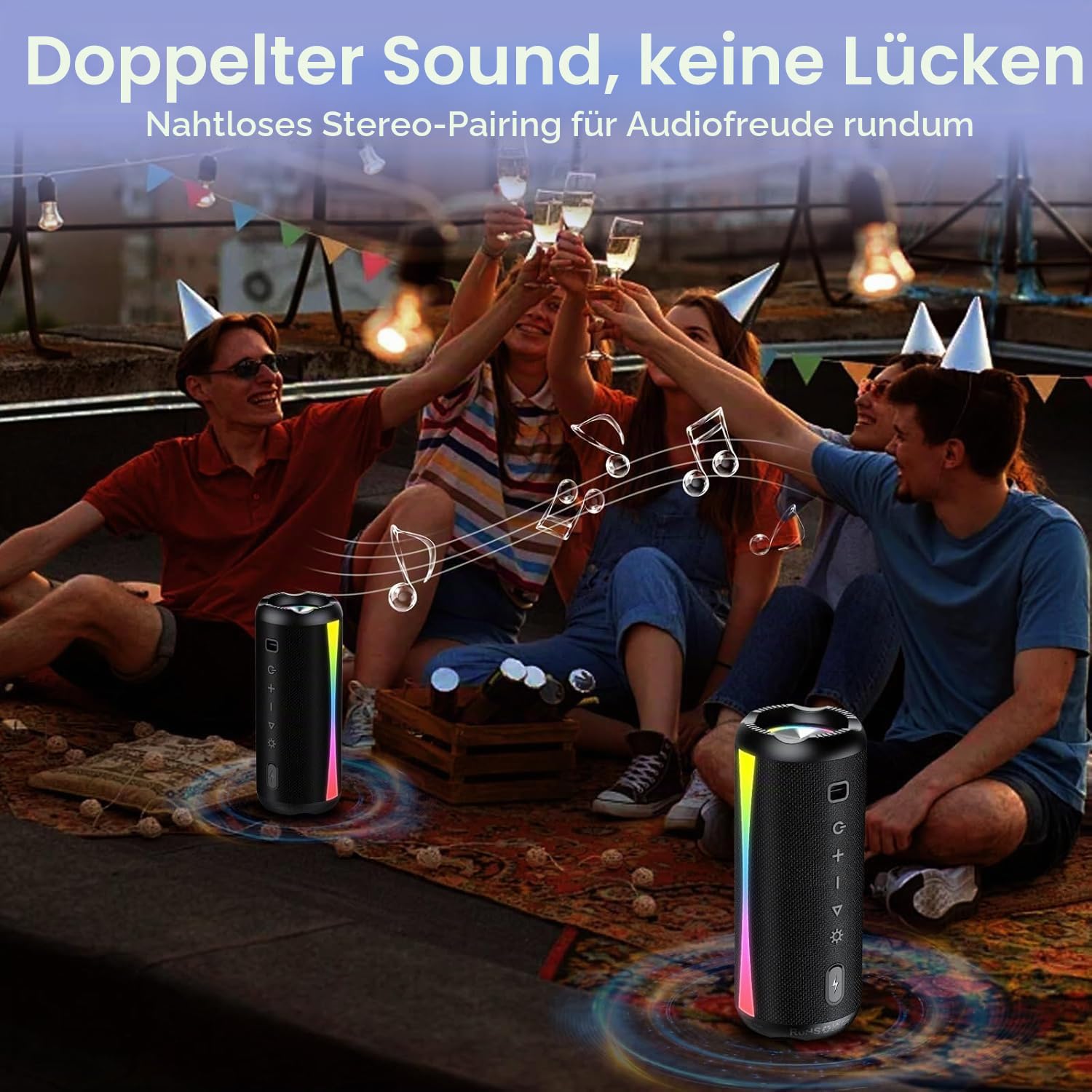Bluetooth Lautsprecher, Musikbox Bluetooth 5.4 mit RGB Lichter, Bluetooth Box Freisprechfunktion für Phone, IP7 wasserdicht, 20h Akku, Enormer Bass mit Dualen Bass-Treibern für Outdoor/Sport, Black