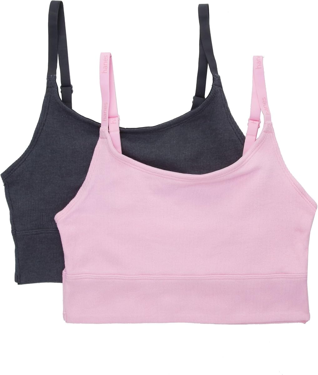 Hanes Women's Stretch Long Line Pullover Bralette - 2 Pack, DHO104, Whimsy Pink/Moonlight, XL
