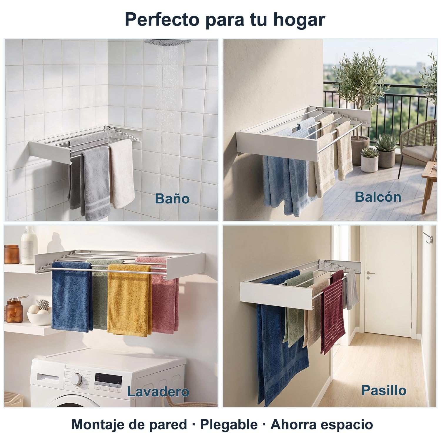 FUSHITON Tendedero de Pared Plegable 5 Barras, Soporte de Toallas Plegable de Aluminio + Acero al Carbono Recubierto de Polvo, Ahorro de Espacio para Baño y Balcón, MAX 10 kg, Blanco