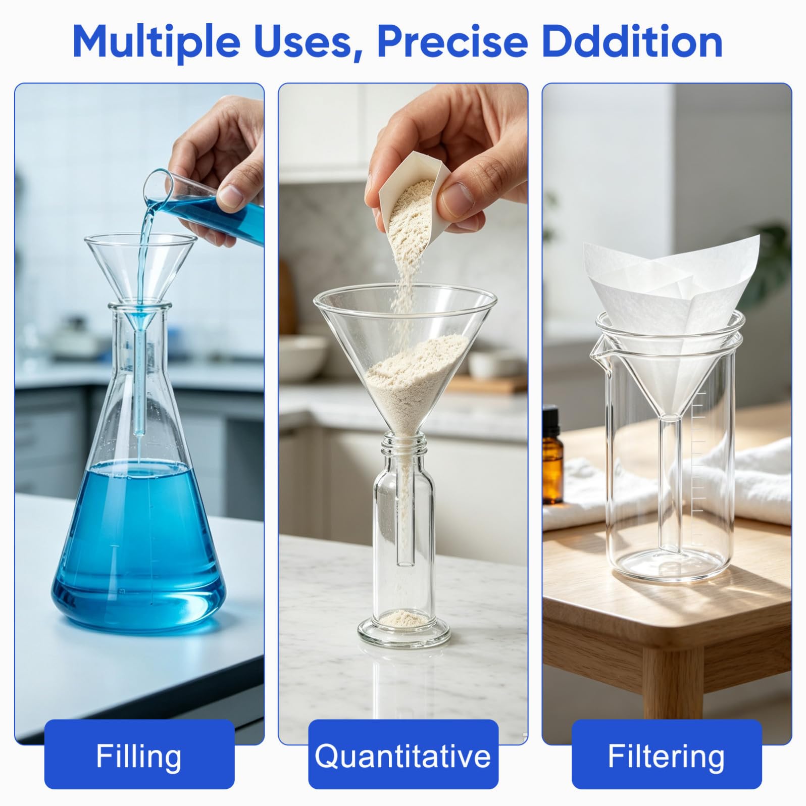 Set 4 Imbuti di Vetro per Laboratorio Chimico, Imbuto Filtrante Multiuso in Vetro Leggero Collo Corto (40-100mm), Strumenti di Vetreria Riutilizzabili per Uso in Cucina