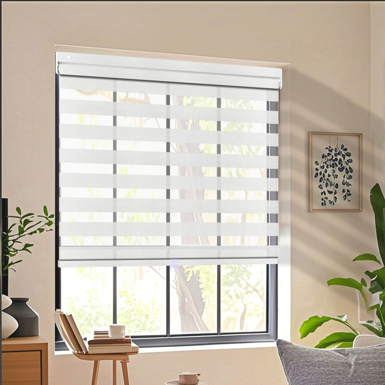 No Drill No Tools Cordless Zebra Blinds Dual Layer Sheer Roller Shades for Window Custom Size Light Filtering Privacy Window Blinds and Shades for Room Darkness, 36" W x 64" H, Light Filtering White