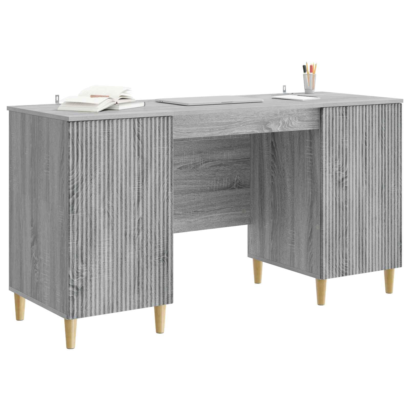 Scrivania grigio sonoma in legno ingegnerizzato 142,5 x 50 x 75 cm con ripiani e porte per studio ufficio casa smartworking postazione lavoro computer gaming