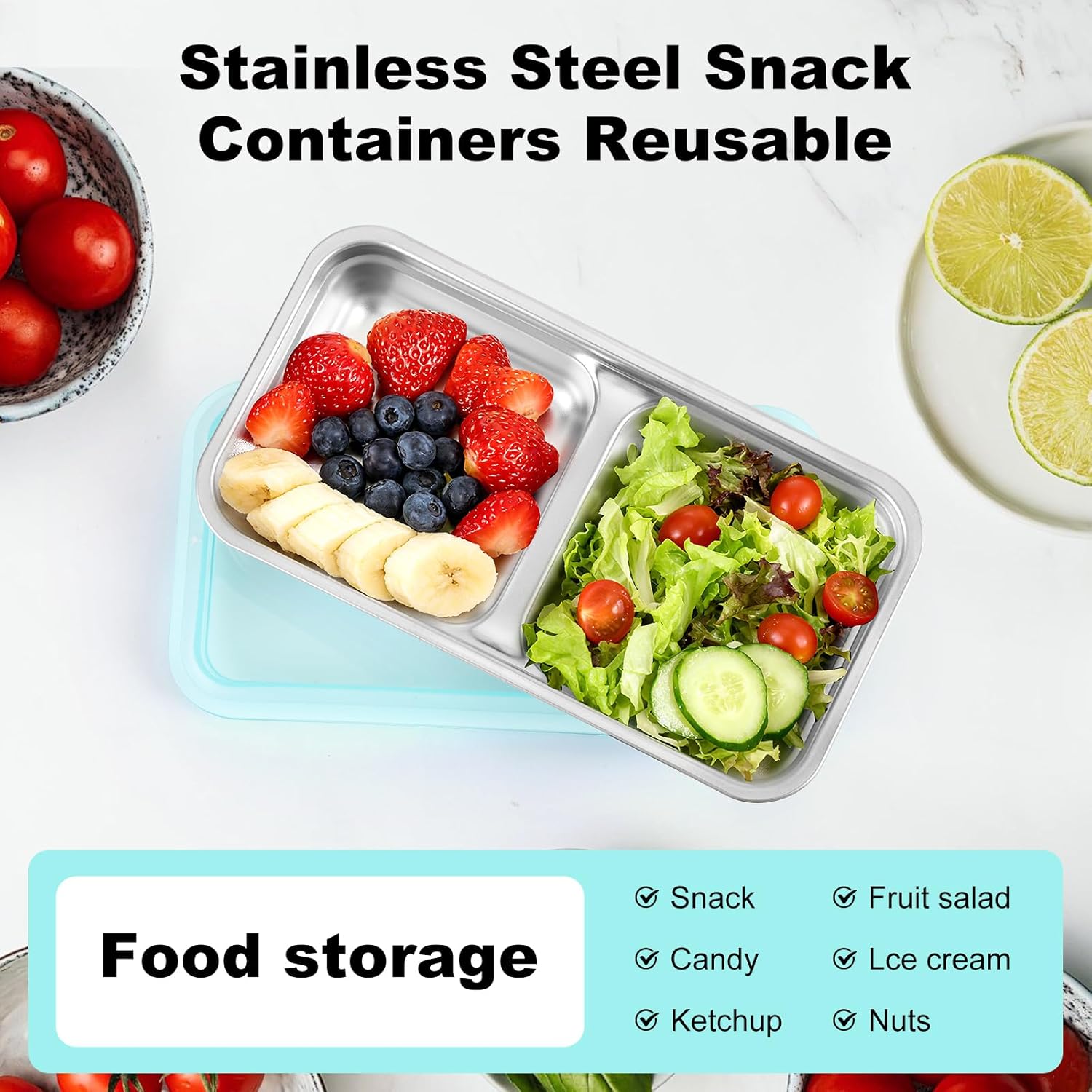 Reusable Stainless Steel Snack Containers with Lids,Double Compartment 2 Condiment Containers,Grab and Go Divided Snack Food Storage for Kids Adults, Sauce Cups for School, Trave (2) - Image 3