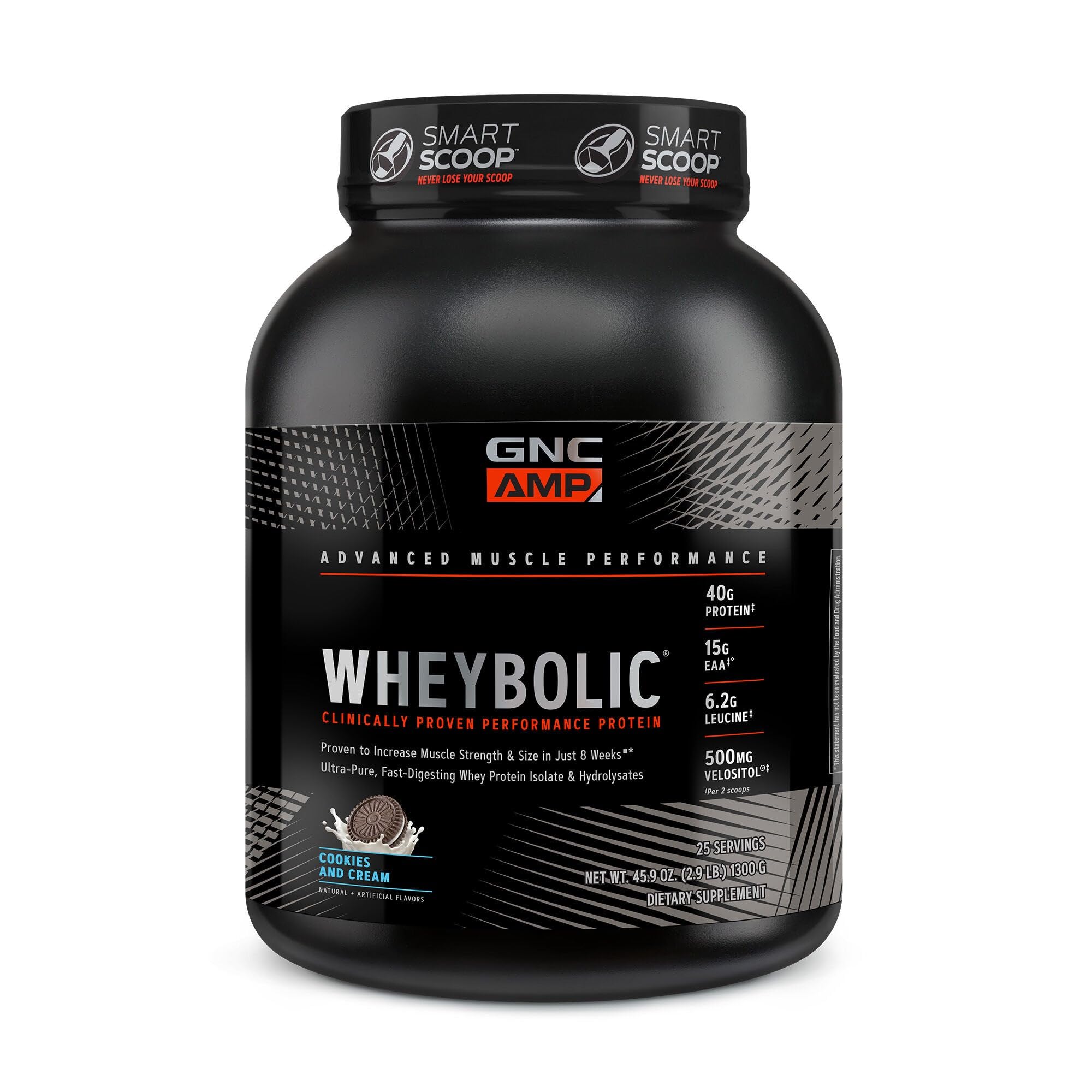 GNC AMP Wheybolic Clinically Proven Protein Powder, 40g Whey Protein, BCAA, Leucine, Increases Muscle Strength, Muscle Building, 3rd Party Tested, Gluten Free, Cookies and Cream, 25 Servings