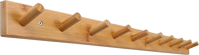 SKOLOO Wood Coat Rack Wall Mounted,10 Peg Long Bamboo Hook for Hanging Backpack Coat Towel Hat,16'' Hole to Hole,Natural