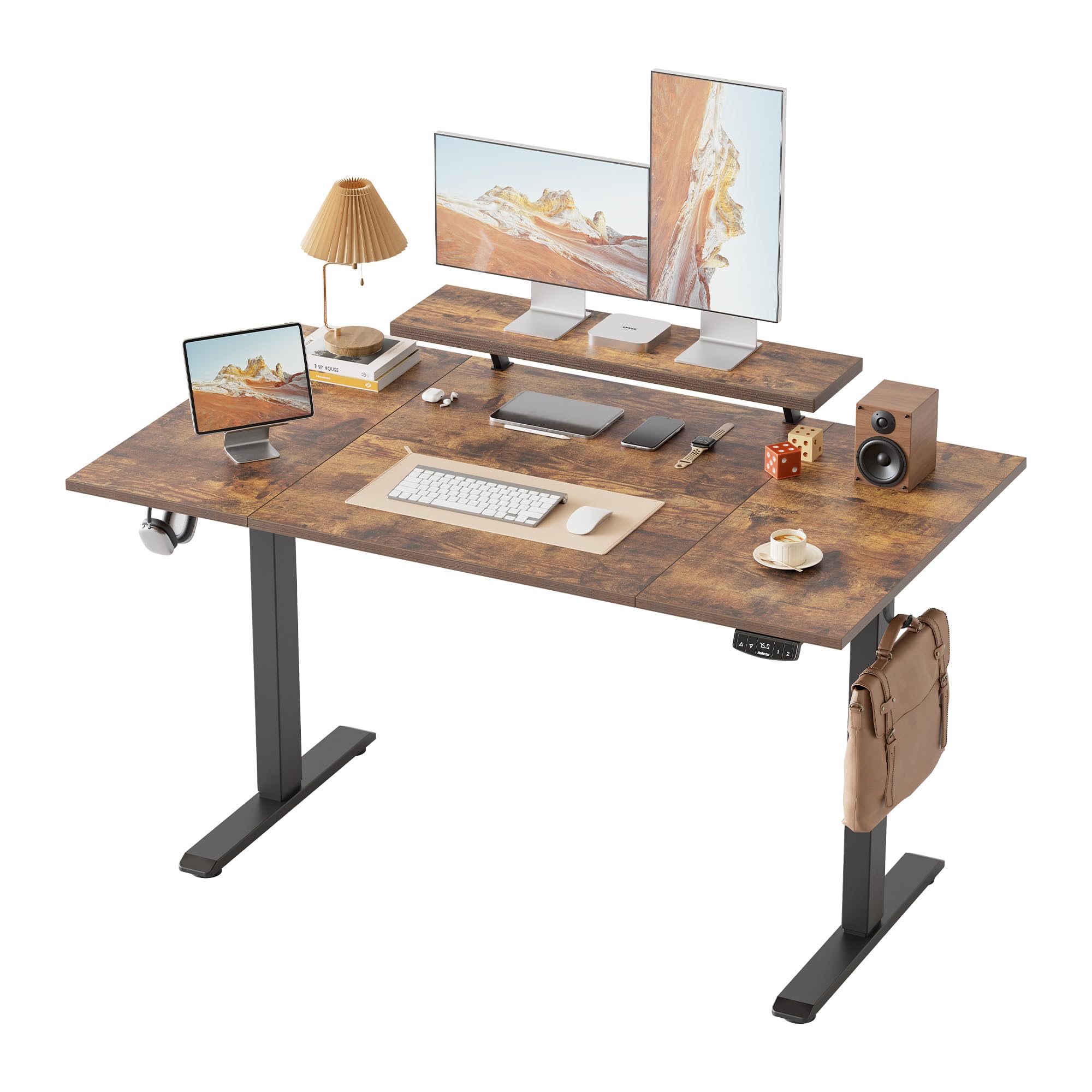 Klicelor Electric Height-Adjustable Desk with Movable Monitor Stand, 140 x 80 cm Sit-Stand Desk with 2 Memory Buttons and 4-Piece Table Top, Computer Desks, Brown