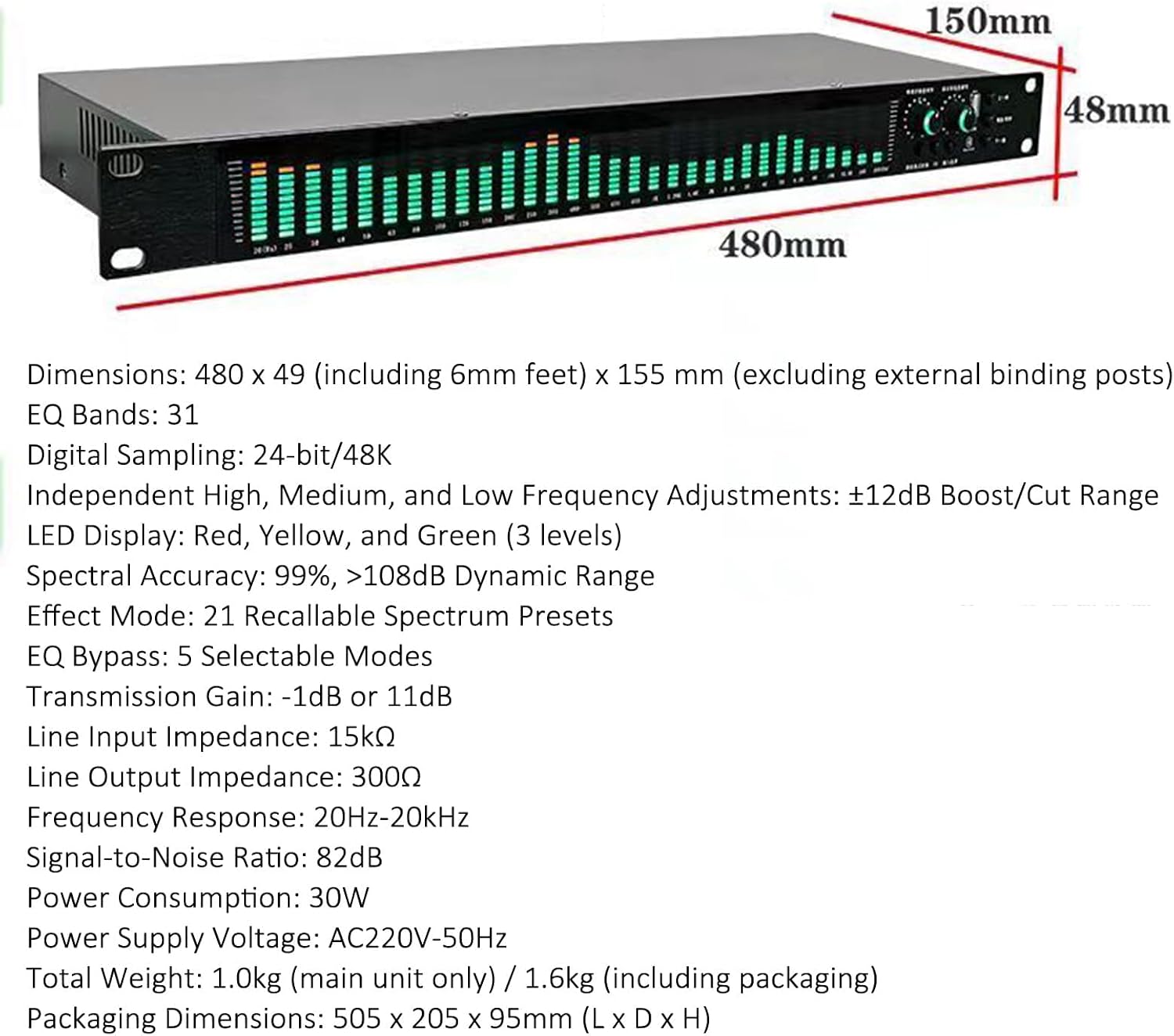 31 Bands Digital Equalizer, Stereo Graphic Audio Equalizer, with 10 Preset Effects, Low/Mid/Treble Adjustment, USB Input Possible, Automatic Noise Reduction, 1U Rack Mount, for Recording Studio