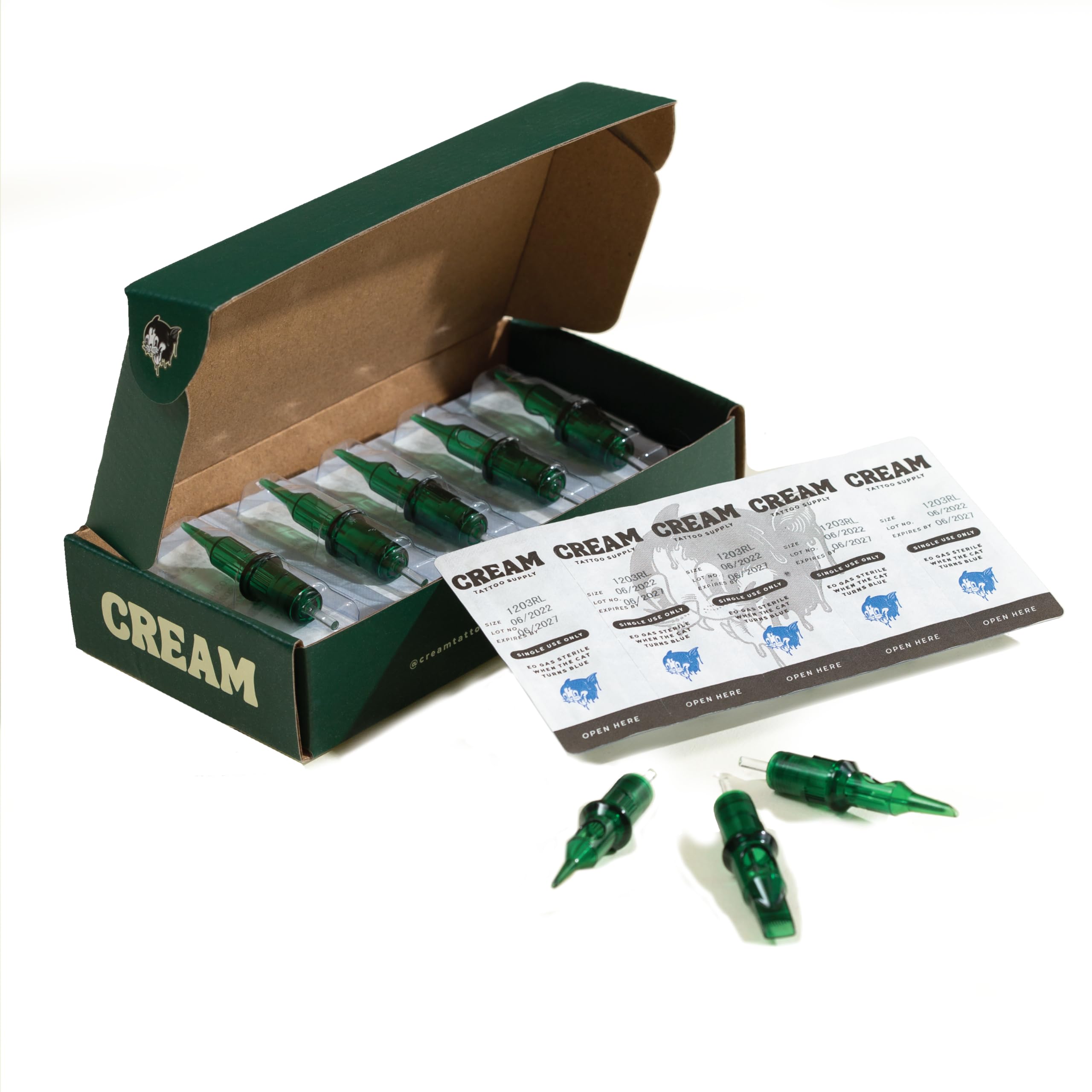 Cream Tattoo Supply Green Cartridges, 20pcs Japanese Steel Tattoo Needle Cartridges for Metal Grips (15 Curved Magnum Bugpin - 1015 CM BP)