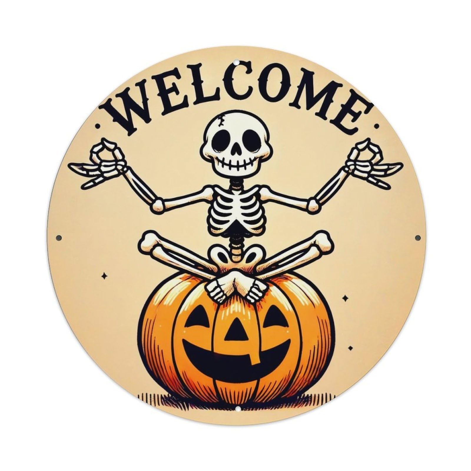 Skeleton Sitting On Pumpkin Retro Metal Tin Sign, Vintage Metal Poster for home, Gaming Room, Studio Workshop,Bar,Garage Wall Art Decor 8x8 inch